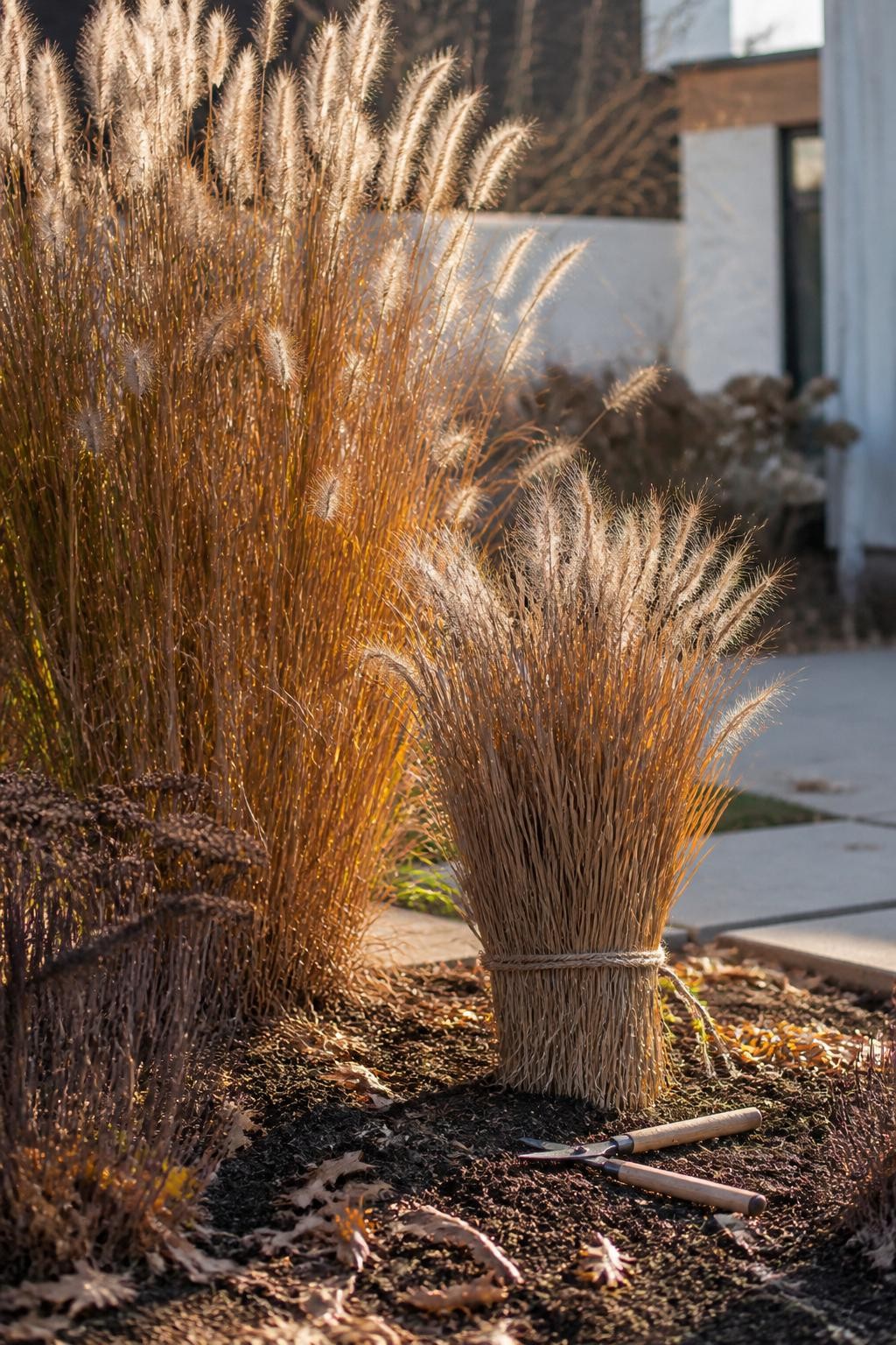 Image Prompt: A realistic late-fall landscape featuring mature clumps of fountain grass and switchgrass left standing with tan, copper, and pale gold seedheads, one smaller grass clump tied loosely with natural twine in preparation for future cutting, clean hedge shears resting nearby but no stems removed, low winter sunlight shining through the grass plumes, scattered dry leaves on dark mulch, modern residential walkway in the background, gentle wind movement, true-to-life plant proportions, DSLR garden photography, 70mm lens, no text.