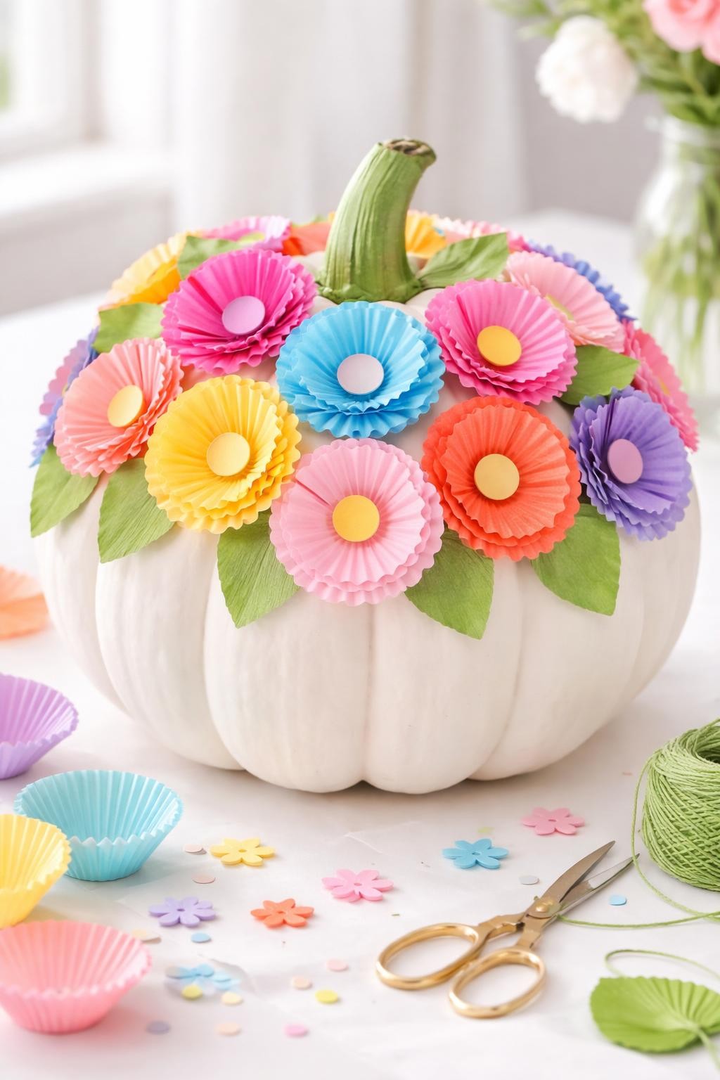 Image Prompt: A white pumpkin covered with colorful cupcake-liner flowers, liners folded and layered into petals in pink, yellow, coral, blue, and lavender, small paper circles in the flower centers, green paper leaves between the blossoms, stem wrapped in green paper, cheerful spring-meets-fall craft display, soft bright daylight, realistic DSLR photography, crisp folded paper texture, no people, no text.