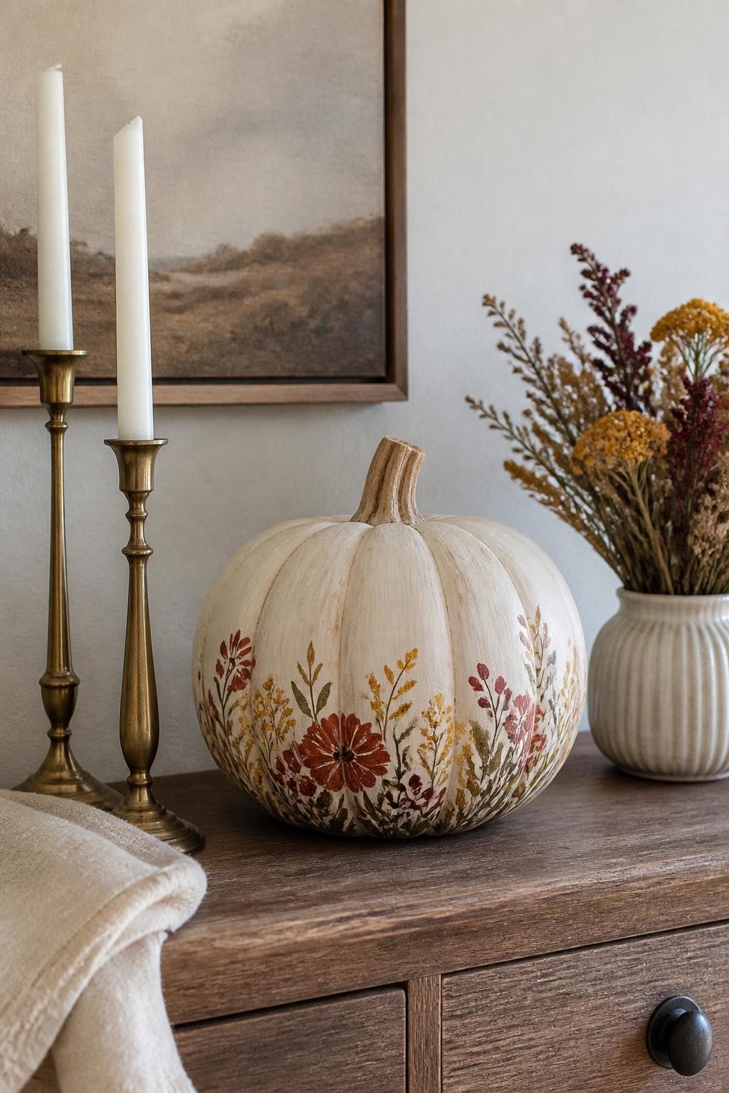 Horizontal 16:9 realistic iPhone photograph of a pale beige wooden pumpkin painted with loose autumn wildflowers along the lower edge, rust blossoms, mustard seed heads, olive leaves, burgundy berries, and thin brown stems, displayed on a dining room sideboard beside folded linen, brass candlesticks, and a small vase of dried flowers, soft natural daylight, visible handmade brushwork, no text.