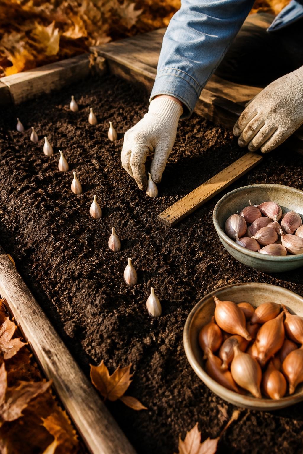 Image Prompt: A close realistic view of a gardener planting individual garlic cloves into a prepared fall vegetable bed, cloves spaced in straight rows with pointed ends facing upward, a wooden ruler showing even spacing, loose dark compost-rich soil, a small bowl of separated garlic cloves and shallot sets beside the row, faded denim sleeve and slightly soil-stained gardening gloves, raised wooden bed surrounded by dry autumn leaves, soft golden evening light, natural backyard environment, crisp DSLR photography, 45-degree overhead angle, realistic scale and texture, no text.