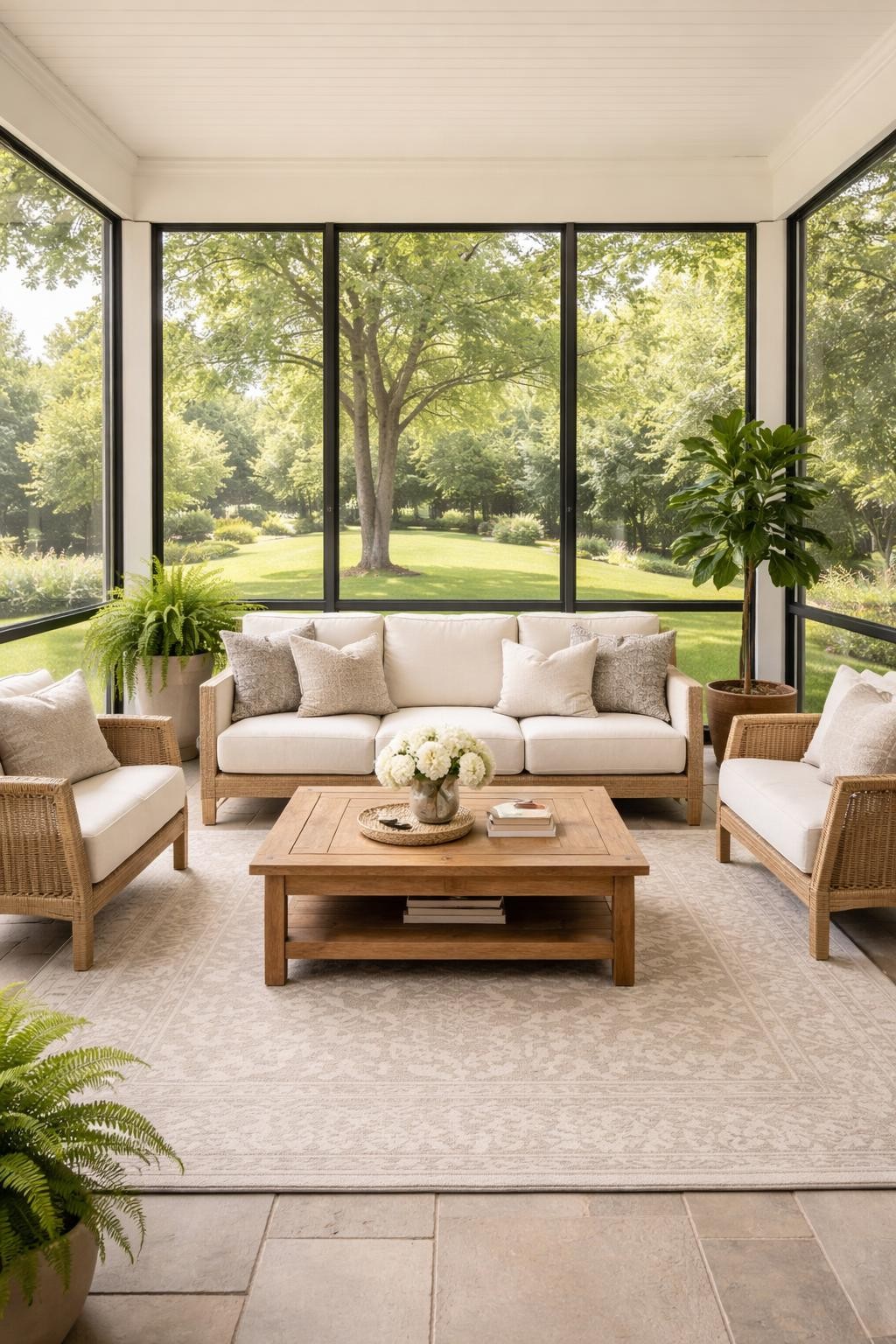 Image Prompt: A beautiful screened in patio with a comfortable cream outdoor sofa, two matching chairs, wooden coffee table, soft patterned outdoor rug, black screen frames, potted greenery in the corners, warm natural daylight, cozy backyard view through the screens, polished outdoor living room style, no people, realistic DSLR photo, editorial home and garden style, high detail, no text, no watermarks on images.