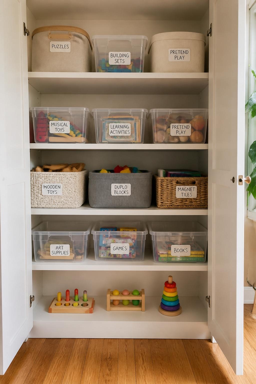 Image prompt: An open family storage cupboard with clearly organized toy rotation bins holding puzzles, building sets, pretend-play accessories, musical toys, and learning activities, only a few toys visible on the lower accessible shelf, photographed with realistic iPhone photo quality, warm natural daylight, handwritten category labels, believable household cupboard, slightly varied containers rather than perfectly matching bins, no people, no distorted text, no watermarks on images.