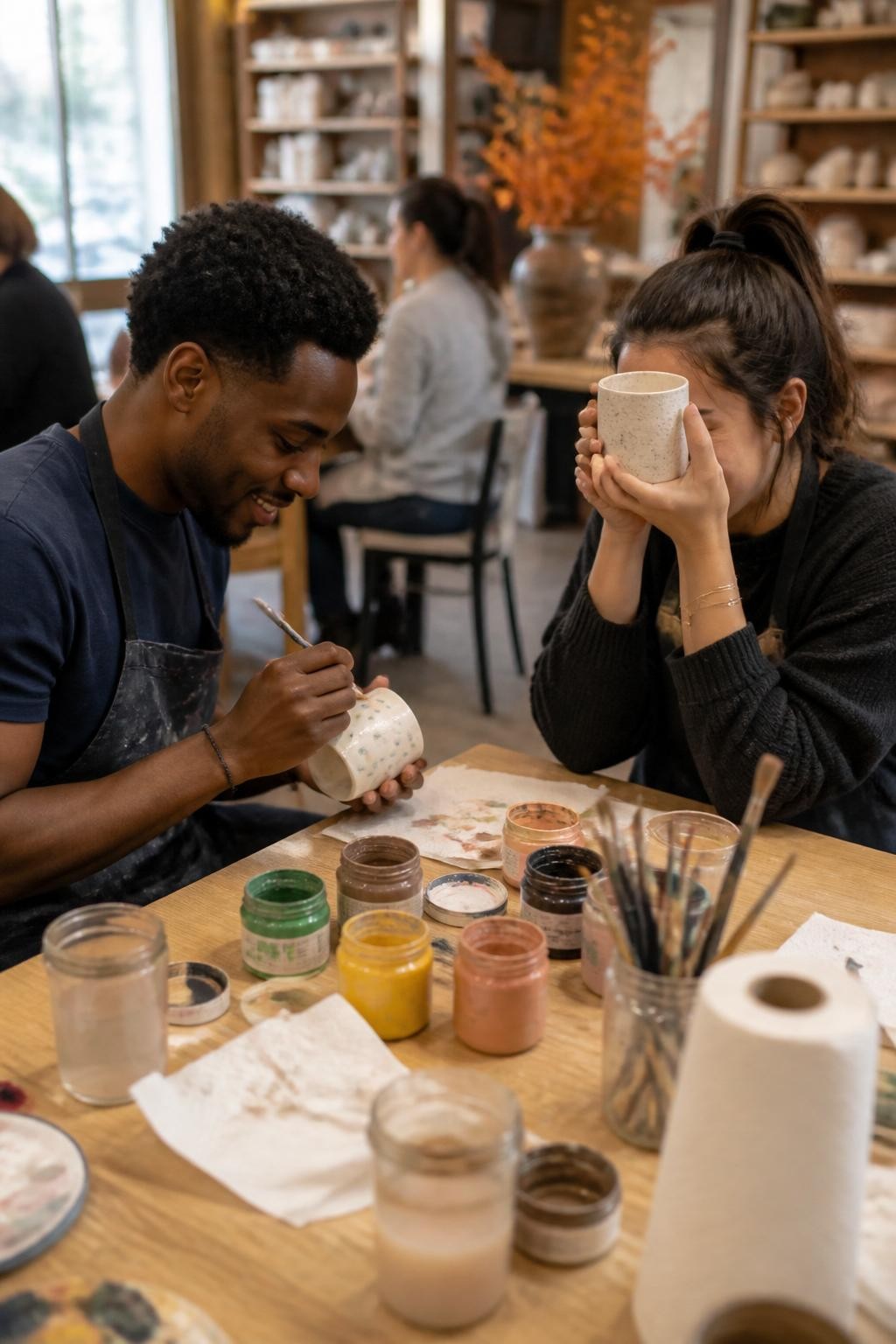 Image Prompt: A relaxed pottery painting studio during fall, a couple seated across from each other painting ceramic mugs without showing their designs, autumn-colored paint jars, fine brushes, water cups and paper towels spread across the wooden table, the man with dark brown skin concentrating on a small pattern while his partner shields her mug playfully, realistic paint marks and unfinished ceramic surfaces, other adults softly blurred in the background, bright natural studio light, candid editorial DSLR photography, 50mm lens, no readable signage, no text.