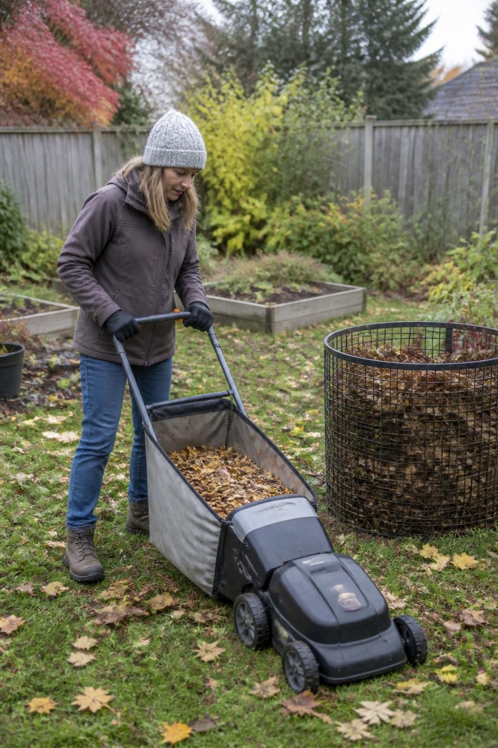 Image Prompt: A realistic backyard fall composting scene showing a gardener shredding dry brown, gold, and red leaves with a lawn mower, finely chopped leaves collecting in the mower bag, a wire compost bin nearby partly filled with shredded leaves, weathered wooden fence and garden beds in the background, soft overcast autumn daylight, natural scattered leaves on the grass, practical residential setting, editorial DSLR photography, 35mm lens, highly detailed, no text.