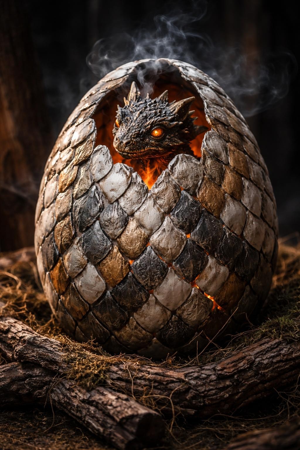 Image Prompt: A large oval pumpkin transformed into a cracked dragon egg, overlapping sculpted scales painted pearl white, smoky gray, and metallic gold, jagged opening near the top with a small baby dragon head emerging, glowing amber eyes, wisps of faux smoke, warm red and orange light shining through cracks, rocky nest made from bark and moss, cinematic fantasy contest display, dramatic side lighting, ultra-detailed realistic DSLR photography, no people, no text.