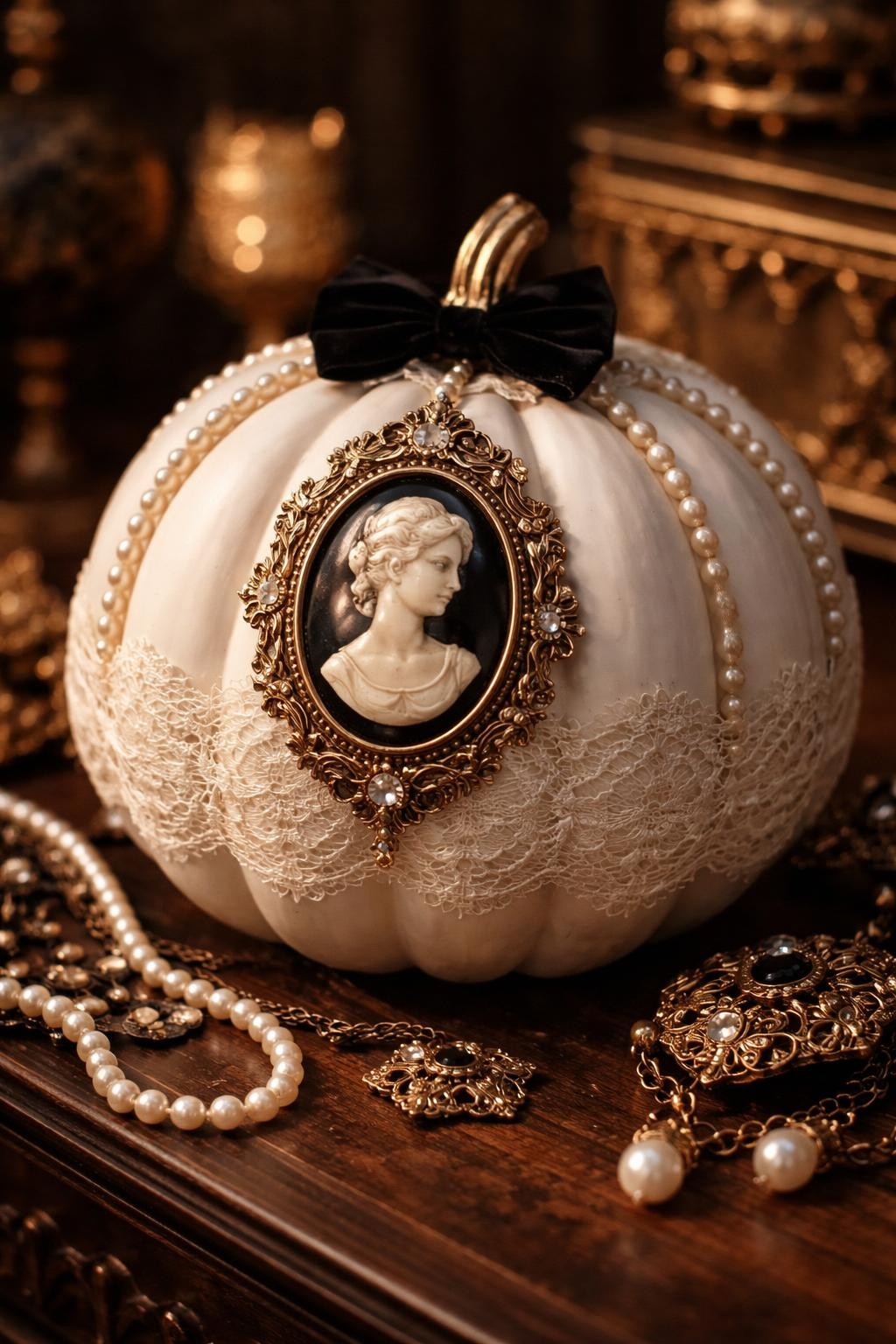 Image Prompt: An elegant white pumpkin decorated with an oval black-and-ivory cameo portrait at the center, raised antique gold frame, delicate cream lace wrapped around the lower half, pearl strands following the pumpkin ridges, small black velvet bow near the stem, displayed on dark wood with vintage jewelry, moody warm light, realistic DSLR photography, intricate Victorian details, no people, no text.