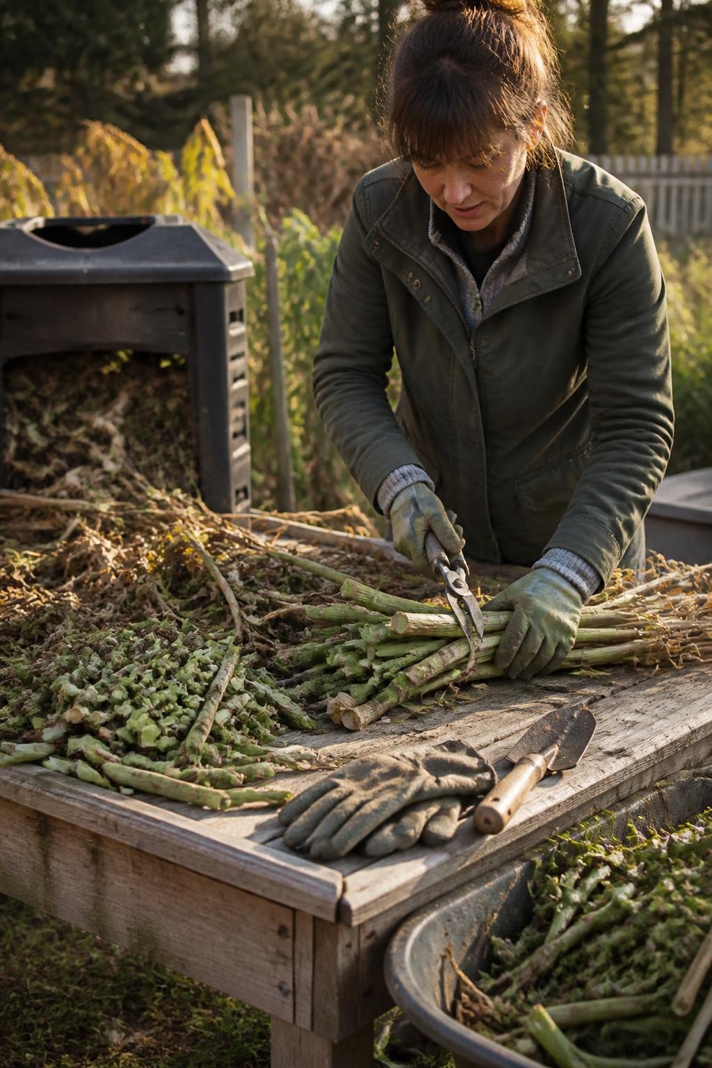 Image Prompt: A realistic fall compost preparation station on a wooden garden worktable, showing a gardener cutting healthy sunflower stalks, bean vines, corn leaves, and thick perennial stems into short pieces with sturdy garden shears, a wheelbarrow holding chopped material beside a compost bin, soil-stained gloves and hand tools nearby, warm late-afternoon autumn light, natural backyard setting, accurate plant textures, editorial DSLR photography, 50mm lens, highly detailed, no text.