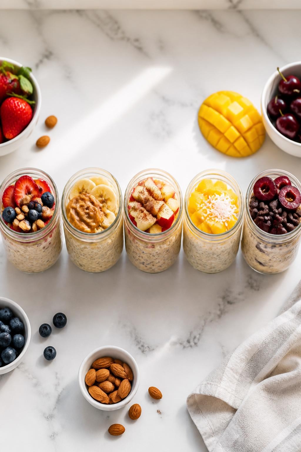Photo prompt: Realistic top-down food photography of five glass mason jars lined up on a white countertop, each filled with creamy overnight oats. Toppings vary: berries and almonds, banana and peanut butter, apple and cinnamon, mango and coconut, chocolate chips and cherries. Soft morning light, colorful meal prep breakfast mood, no people, no hands, no text, no watermarks, no props with writing.
