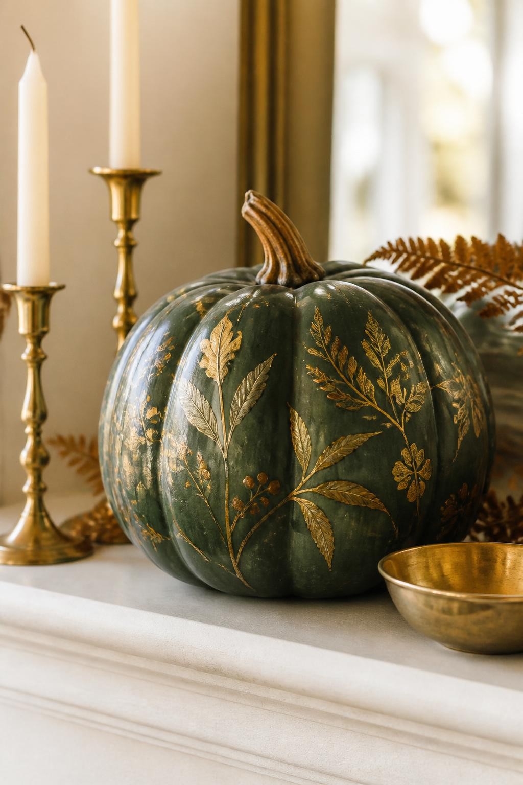 Horizontal 16:9 realistic iPhone photo of a dark forest-green ceramic pumpkin decorated with delicate hand-painted leaves and berries in antique gold and muted bronze, natural-looking brown stem, displayed on a mantel beside cream taper candles, dried fern fronds, and a small brass bowl, soft late-afternoon light, subtle metallic highlights, authentic brush texture, no glitter, no text.