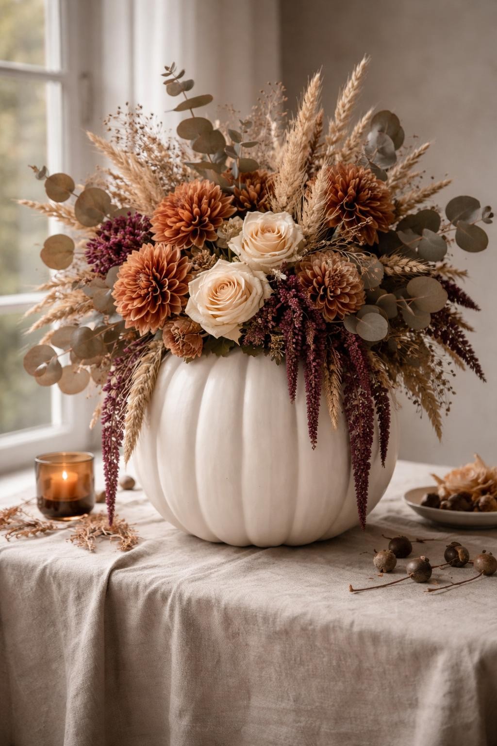 Image Prompt: A tall white plastic pumpkin transformed into an elegant floral vase, wide opening cut around the stem, filled with dried eucalyptus, rust-colored dahlias, cream roses, wheat stems, burgundy leaves, and trailing amaranthus, soft matte plaster finish, placed on a linen-covered table, refined autumn editorial styling, natural window light, realistic DSLR photography, crisp floral texture, no people, no text.
