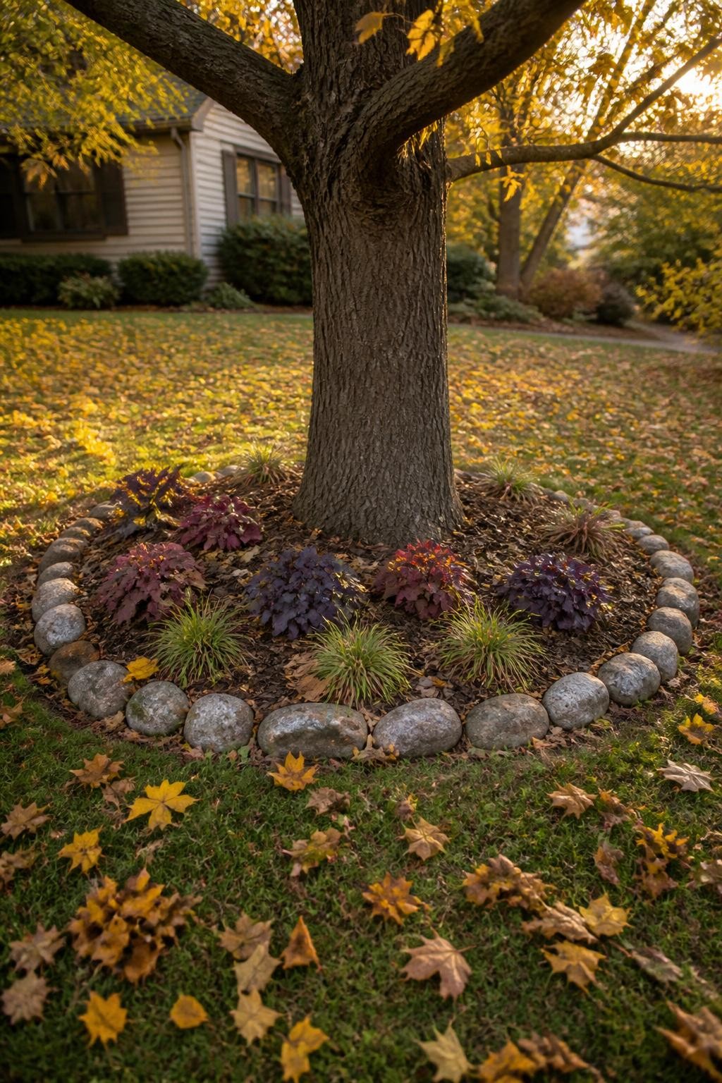 Image Prompt: A realistic mature front-yard tree in fall with a wide natural stone-edged planting ring around the trunk, the interior planted with shade-tolerant heuchera, low sedge, and spring bulb markers beneath a thin layer of leaf mulch, clear open space around the tree trunk, scattered golden leaves across the lawn, warm late-afternoon light filtering through branches, modest home softly blurred behind, practical tree-friendly landscaping, DSLR photography, 35mm lens, no text.