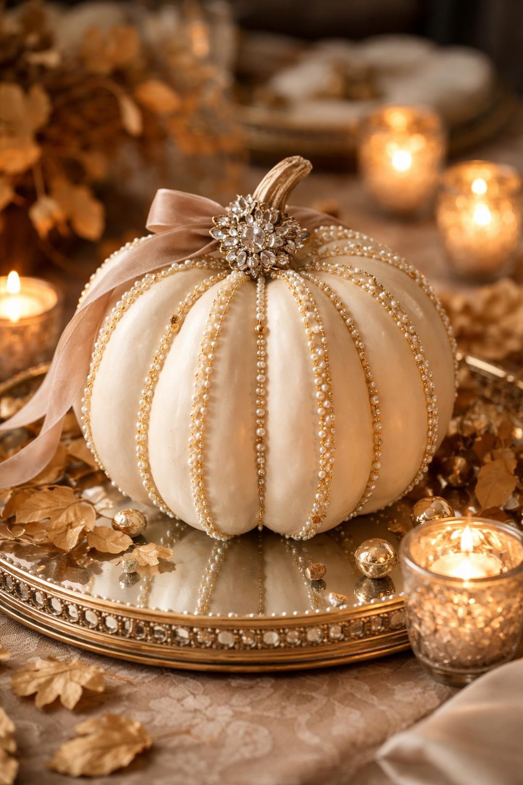 Image Prompt: A matte cream plastic pumpkin decorated with intricate strands of pearl beads and small gold beads following every natural ridge, jeweled brooch placed at the stem, thin velvet ribbon accents, displayed on a mirrored tray with candles and dried leaves, luxurious autumn table styling, soft warm light, realistic DSLR photography, crisp bead details, no people, no text.