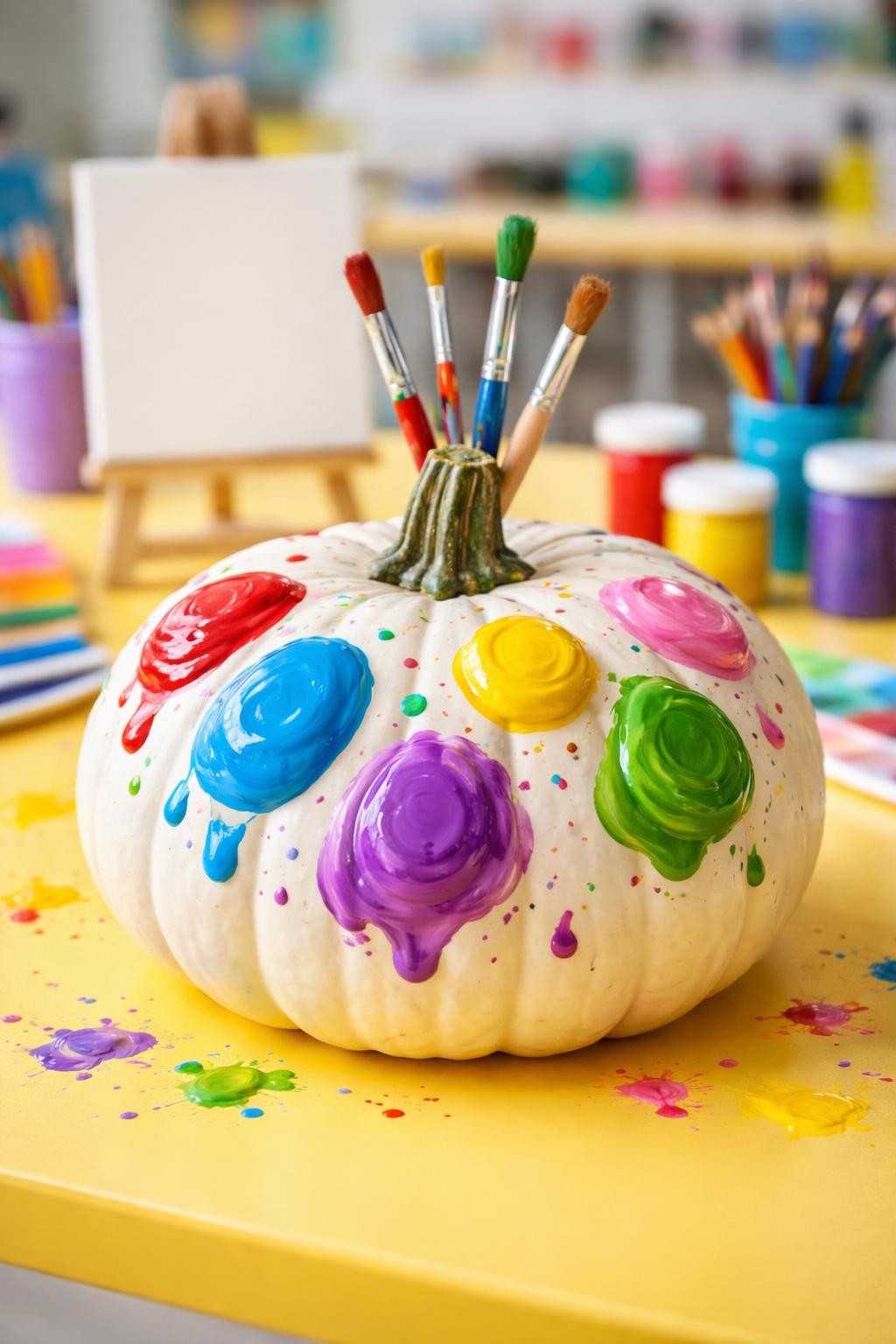 Image Prompt: A flat white pumpkin decorated as an artist palette, large colorful paint blobs in red, blue, yellow, green, pink, and purple across the surface, paintbrushes arranged around the stem, tiny splatters, small paper easel behind it, bright art classroom table, realistic DSLR photography, crisp glossy paint texture, no people, no text.
