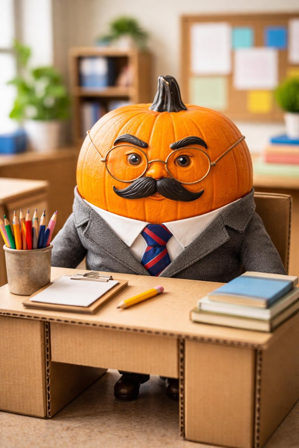 Image Prompt: An orange pumpkin dressed as a funny school principal, tiny paper suit jacket, tie, round glasses, painted mustache, serious eyebrows, small clipboard and pencil beside it, miniature desk made from cardboard, neat office-style school display, bright indoor light, realistic DSLR craft photography, no people, no readable text.