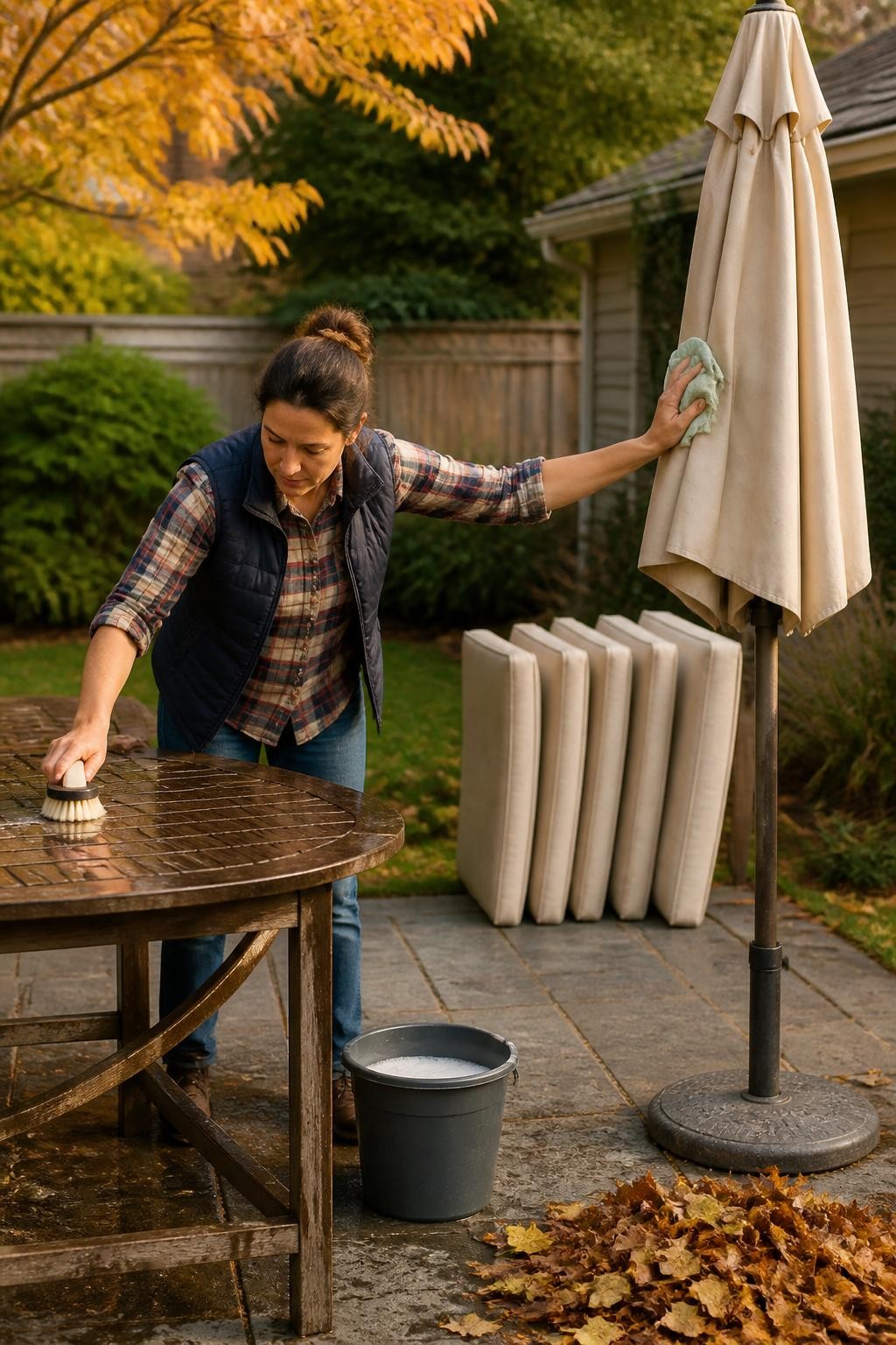 Image Prompt: A detailed and realistic backyard fall preparation scene with a woman washing a wooden patio table using a soft brush and bucket, outdoor cushions drying upright nearby, a closed patio umbrella being wiped before storage, fallen leaves gathered into a neat pile, warm late-afternoon light, realistic weathered wood, fabric texture, and garden plants, accurate human anatomy and cleaning posture, professional full-frame DSLR photograph with a 35mm lens, rich natural colors without heavy filters, editorial outdoor-living quality, no visible brands, no text, no watermarks on images.