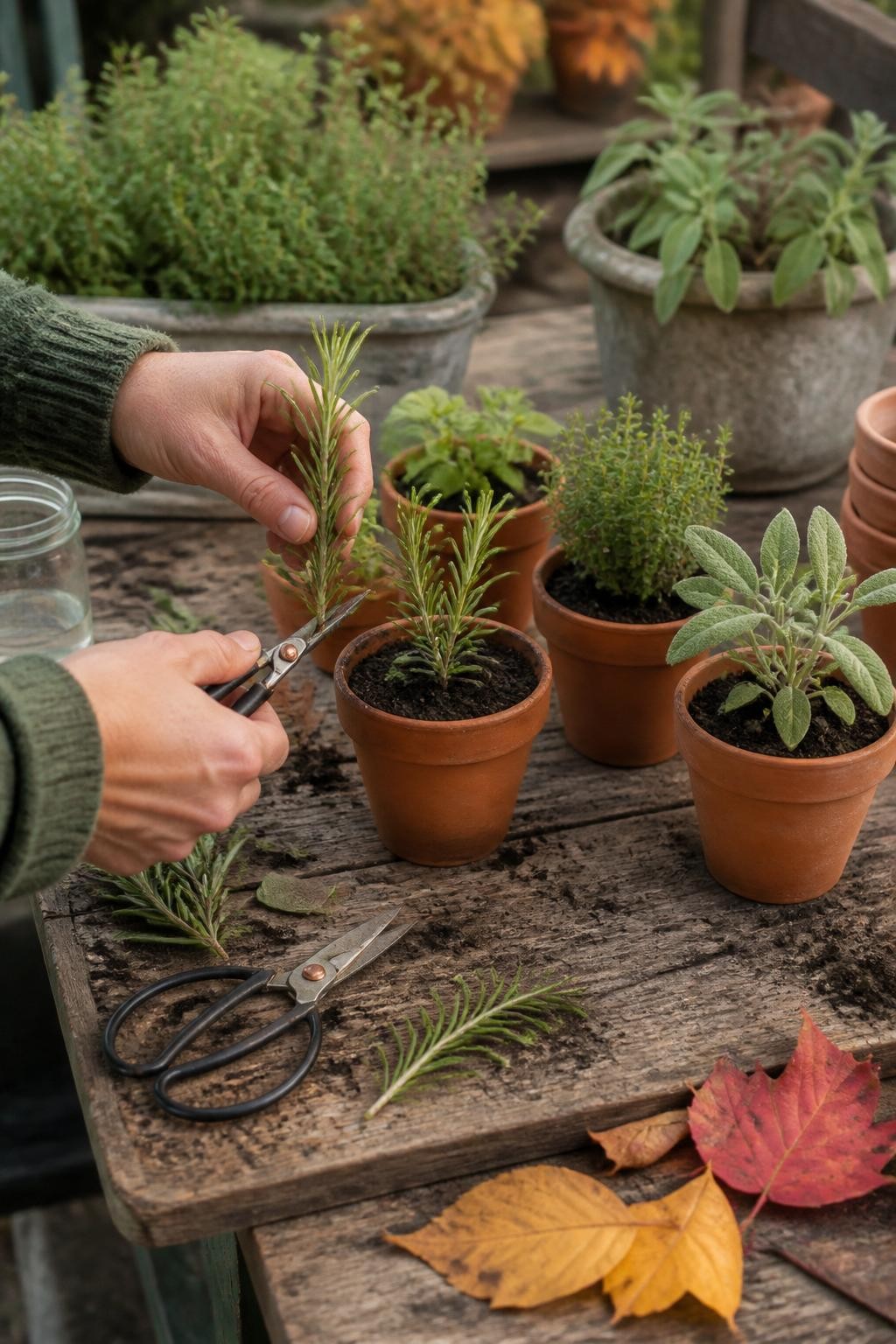 Image Prompt: A realistic fall herb propagation station on a weathered wooden potting bench, short cuttings of rosemary, sage, thyme, and oregano placed in small labeled terracotta pots filled with moist propagation mix, a gardener’s hands trimming the lower leaves from one rosemary cutting, clean pruning scissors, glass jar of water, and mature herb plants in the softly blurred background, scattered autumn leaves, gentle natural daylight, accurate cutting size and planting depth, DSLR photography, 50mm lens, highly detailed, no text.