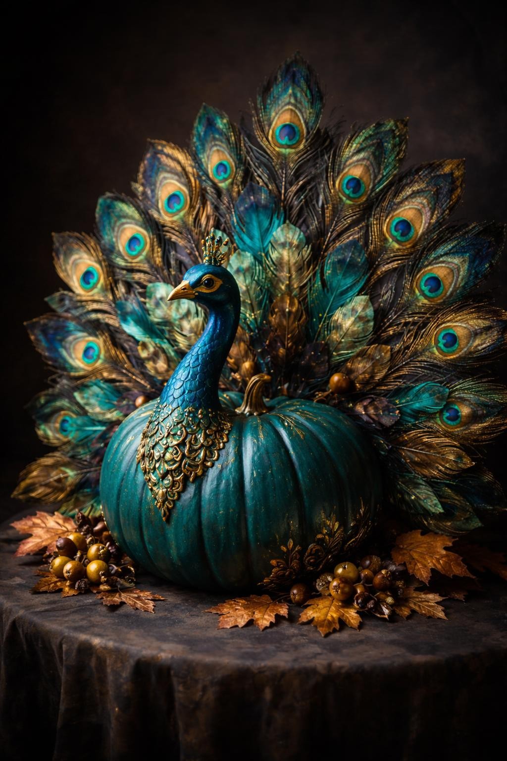 Image Prompt: A rich teal-painted pumpkin transformed into an elegant peacock, sculpted blue head and neck rising from the front, large fan-shaped tail built from layered real and handmade feathers in teal, emerald, gold, copper, and deep blue, each feather eye carefully detailed, metallic accents, small autumn leaves arranged around the base, luxurious contest display, dark neutral backdrop, soft dramatic light, realistic DSLR photography, no people, no text.