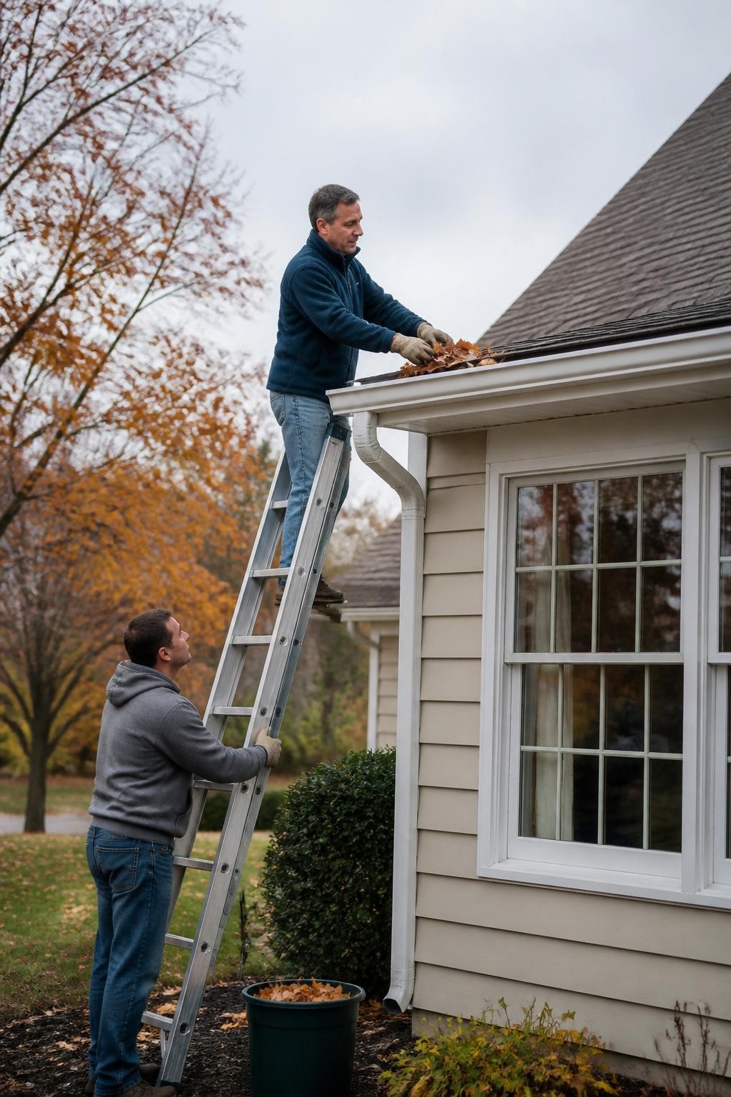 Image Prompt: A realistic exterior home maintenance photograph during fall showing a trained adult safely cleaning leaves from a low, accessible gutter while another adult steadies the ladder from below, both using work gloves, ladder placed on firm level ground, detached home surrounded by early autumn trees, leaves collected in a bucket rather than scattered everywhere, cloudy daylight, accurate ladder scale and body proportions, professional DSLR photography with a 70mm lens from a safe distance, natural colors, documentary home-care quality, no dangerous leaning or roof walking, no logos, no text, no watermarks on images.