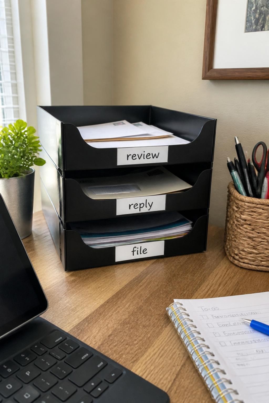 Image prompt: Home office desk with a compact three-slot paper organizer labeled with neat handwritten tags reading “review,” “reply,” and “file,” containing a realistic small amount of mail and paperwork, photographed with natural iPhone photo quality, warm daylight, believable paper texture, practical family workspace, no visible personal information, no people, no watermarks on images.