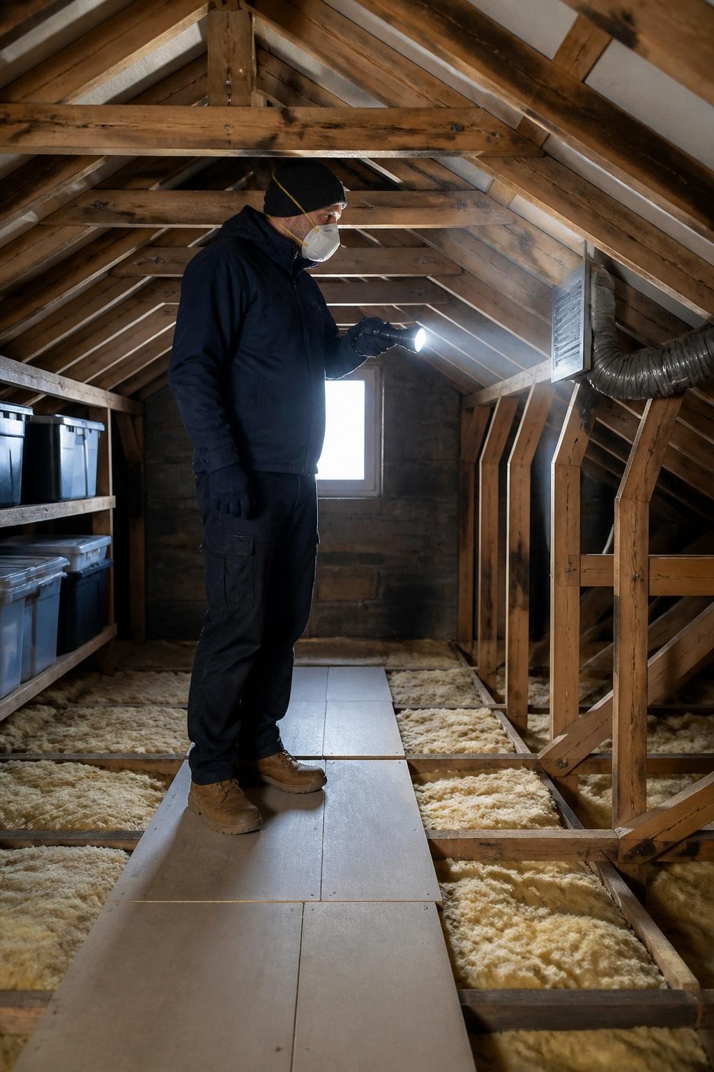 Image Prompt: A highly realistic attic inspection photograph showing a homeowner using a bright flashlight to examine roof timbers, insulation, and the area around a small vent, walking only on a safe boarded path, storage boxes raised neatly on shelves, no exposed skin touching insulation, cool natural light entering through a small window, detailed timber grain, insulation texture, and subtle dust, accurate human proportions and protective clothing, professional DSLR photography with a 35mm lens, careful home-inspection editorial style, no damaged floor walking, no pests, no dramatic structural failure, no text, no watermarks on images.