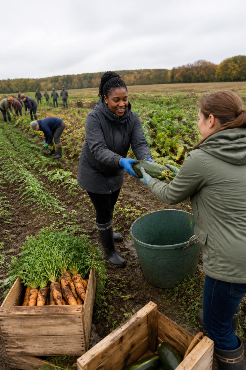 Image Prompt: Adults volunteering in a working vegetable field on a cool fall morning, rows of remaining carrots, squash and leafy vegetables, wooden crates being filled for donation, a Black woman in a practical waterproof jacket passing produce to another volunteer, muddy boots, gloves, uneven soil and realistic farm equipment, other volunteers working naturally in the distance, pale overcast light, documentary DSLR photography, true-to-life colors, no staged charity pose, no text.