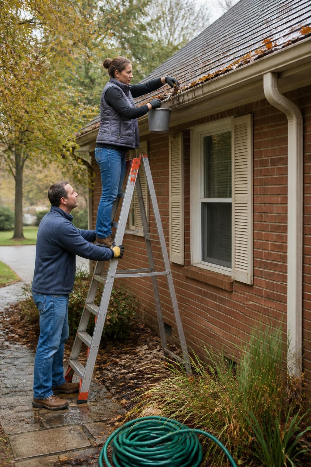 Image Prompt: A detailed, photorealistic fall home-care scene showing two adults safely clearing leaves from a low, accessible gutter, one person wearing gloves and removing damp leaves into a small bucket while the second person steadies the ladder below, ladder positioned on dry level ground, downspout visible at the corner of the house, a garden hose ready for a controlled water-flow test, early fall foliage in muted gold and green, cloudy natural daylight, believable wet leaf texture and weathered gutter surface, accurate ladder size and human proportions, professional DSLR photograph using a 50mm lens, practical documentary styling, no one standing on the roof, no unsafe reaching, no logos, no text, no watermarks on images.