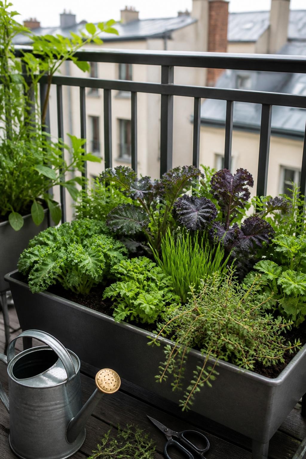 Image Prompt: A realistic raised container garden on a small urban balcony, planted with compact curly kale, purple kale, flat-leaf parsley, chives, and trailing thyme, lush edible foliage arranged neatly but naturally, dark rich soil, a small watering can and kitchen scissors nearby, metal balcony railing and neighboring rooftops softly blurred, cool bright autumn daylight, practical small-space gardening setup, natural leaf texture and scale, DSLR photography, 50mm lens, no text.