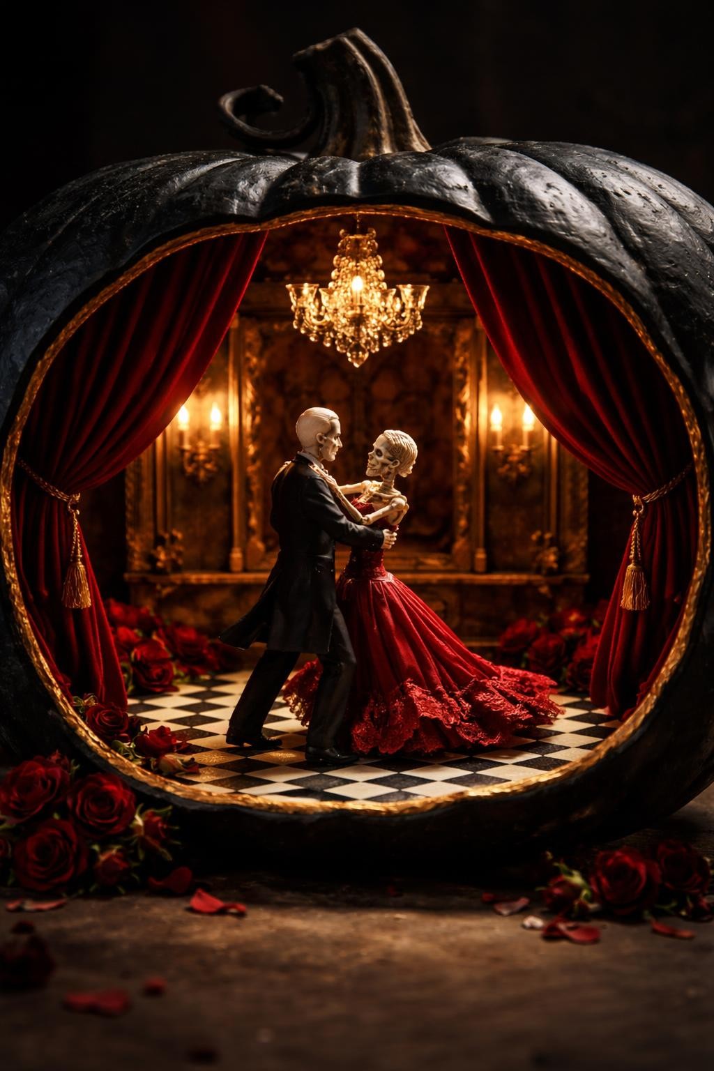 Image Prompt: A wide black pumpkin opened like a miniature ballroom, elegant skeleton couple dancing inside on a black-and-white checkered floor, tiny crystal chandelier hanging above, deep red velvet curtains framing the opening, gold wall trim, miniature candle-shaped lights, scattered roses, theatrical gothic romance, highly detailed handmade scene, dramatic warm spotlight, realistic DSLR photography, sharp focus, no people, no text.