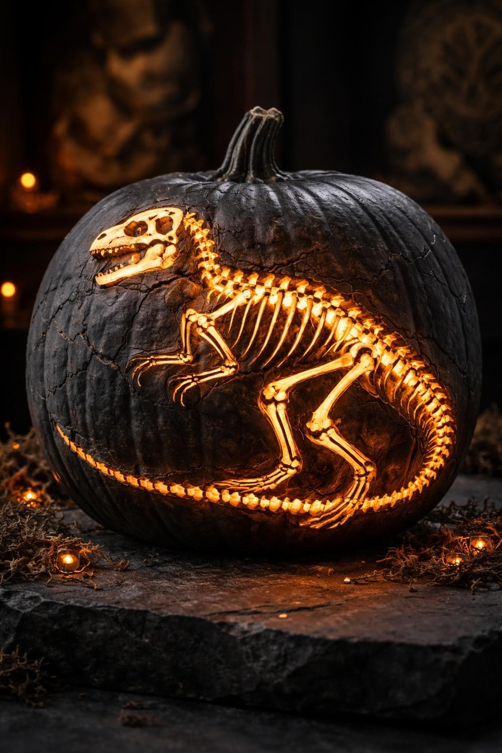 Image Prompt: A matte black pumpkin decorated with a detailed glowing dinosaur skeleton, white skull, spine, ribs, legs, and long tail wrapping around the surface, selected bone sections cut or scraped so warm light shines through, subtle fossil cracks in the background, displayed on dark stone with small amber lights, dramatic museum-like mood, realistic DSLR photography, crisp anatomical details, no people, no text.