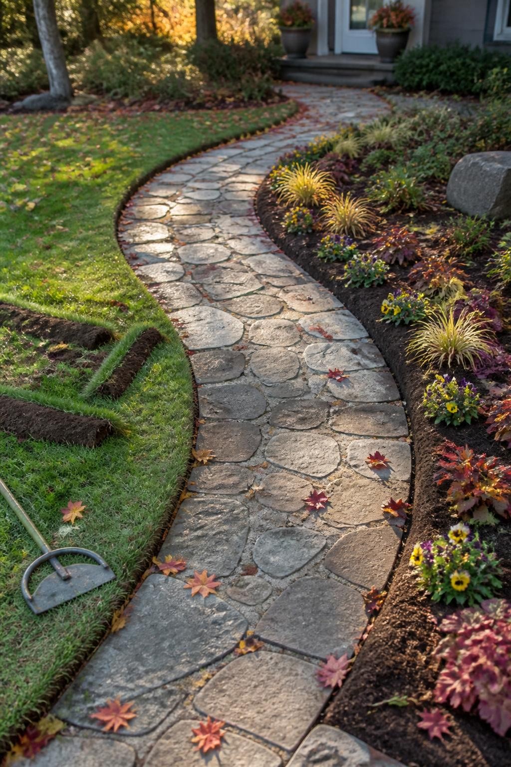 Image Prompt: A realistic front garden path in fall with a gently curved stone walkway, newly cut lawn edges on one side and a neat mulched flower border on the other, small clumps of pansies, heuchera, and sedge following the curve, a half-moon edging tool and removed strips of turf placed nearby, fallen red and yellow leaves scattered across the stones, soft golden afternoon light, achievable residential landscaping project, high-detail DSLR photography, 35mm lens, no text.