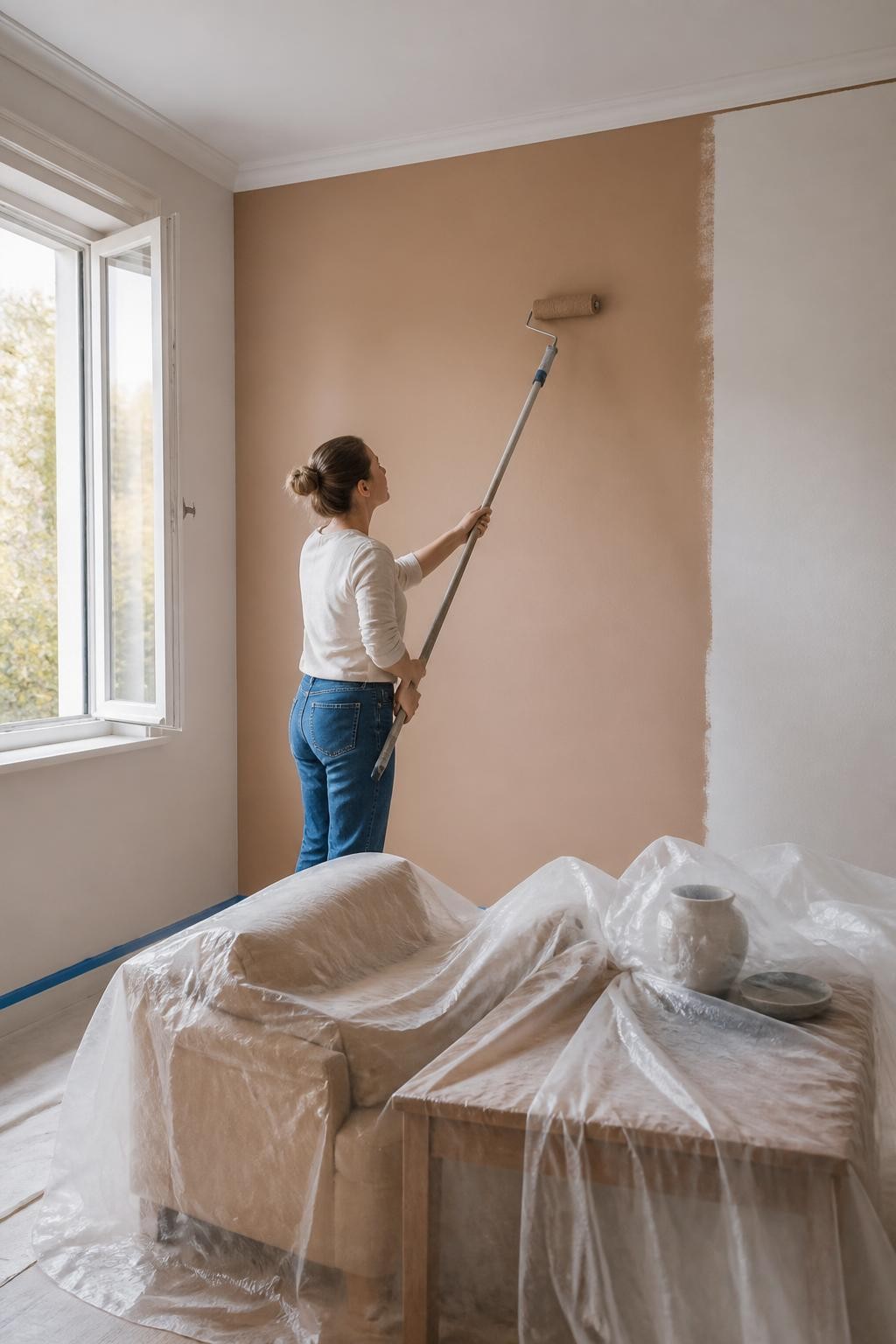 Image Prompt: A realistic interior renovation photograph showing a woman painting a small reading room in a muted clay-beige wall color, using a roller with an extension handle, one wall partly finished, furniture moved to the center beneath protective sheets, painter’s tape along the skirting boards, open window providing ventilation, soft fall daylight, accurate hands and painting posture, detailed paint, plaster, wood, and fabric textures, professional DSLR photography with a 35mm lens, calm home-improvement magazine quality, no paint spills, no visible brand labels, no text, no watermarks on images.
