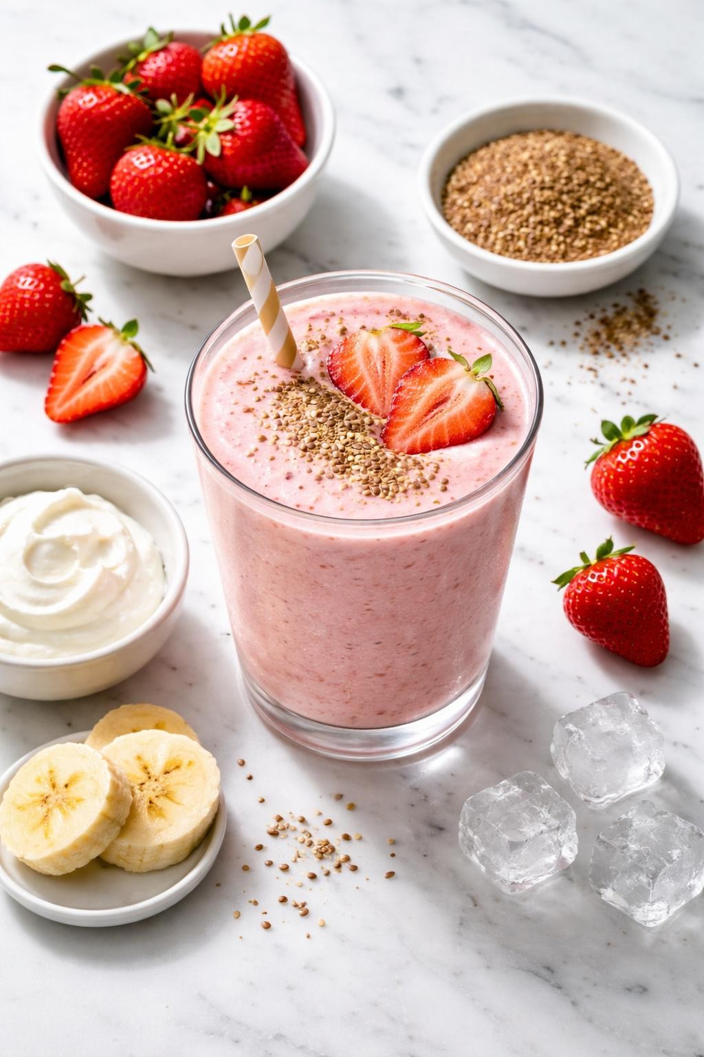 Realistic top-down editorial food photography of a strawberry flax smoothie served in a clear glass on a white marble countertop. The smoothie is soft pink, creamy, thick, and smooth, styled with strawberries, ground flaxseed in a plain small dish, banana slices, Greek yogurt, and a few ice cubes nearby. Bright natural daylight, clean healthy snack styling, high detail, realistic smoothie texture, no people, no hands, no text, no watermarks, no props with writing.