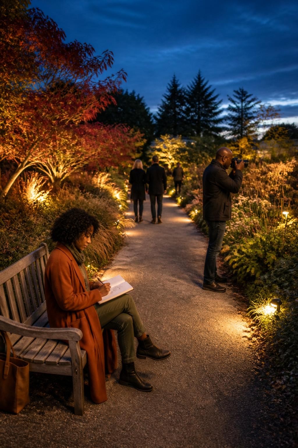 Image Prompt: An elegant botanical garden during a special early-evening opening, adults walking along a wide path bordered by ornamental grasses, late-blooming flowers and Japanese maple trees, discreet ground lights beginning to glow, a Black woman in a long rust-colored coat sketching on a bench while her partner photographs seed heads, other visitors spaced naturally in the background, deep blue sunset sky, realistic garden textures, calm editorial DSLR photography, 35mm lens, balanced warm and cool lighting, no text.
