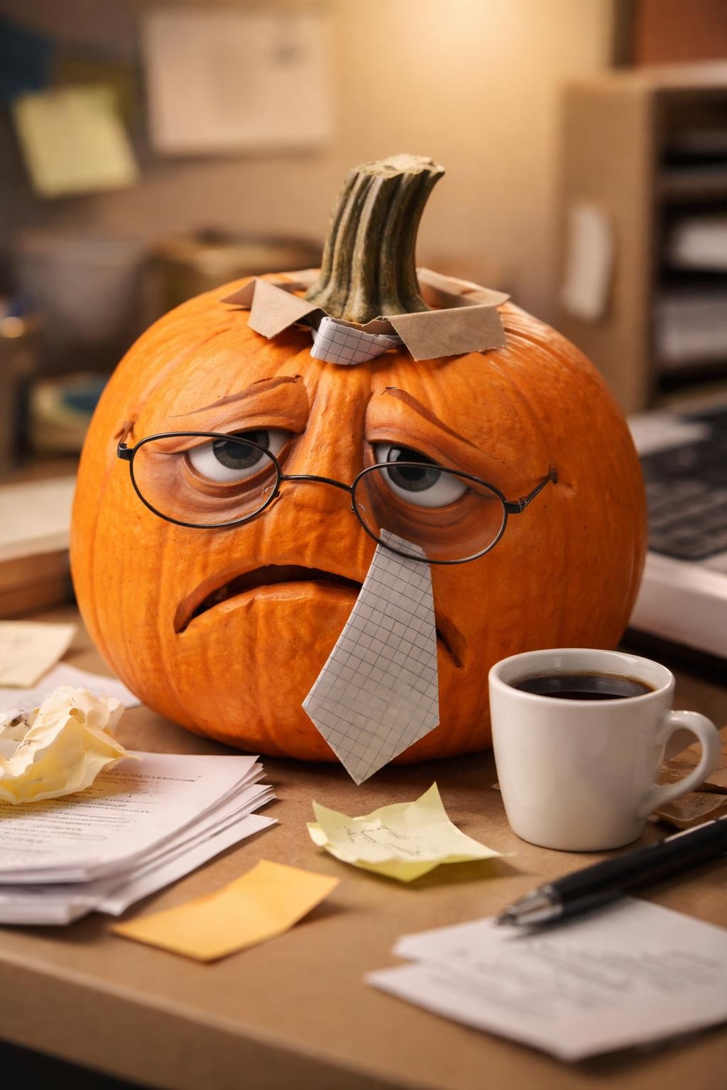 Image Prompt: A medium orange pumpkin styled as an exhausted office worker, crooked paper tie, tiny cardboard collar, drooping painted eyes, deep frown, miniature coffee cup beside it, messy paper notes around the base, small reading glasses sliding down the face, humorous Monday morning mood, realistic DSLR craft photo, soft office-like lighting, no people, no readable text.