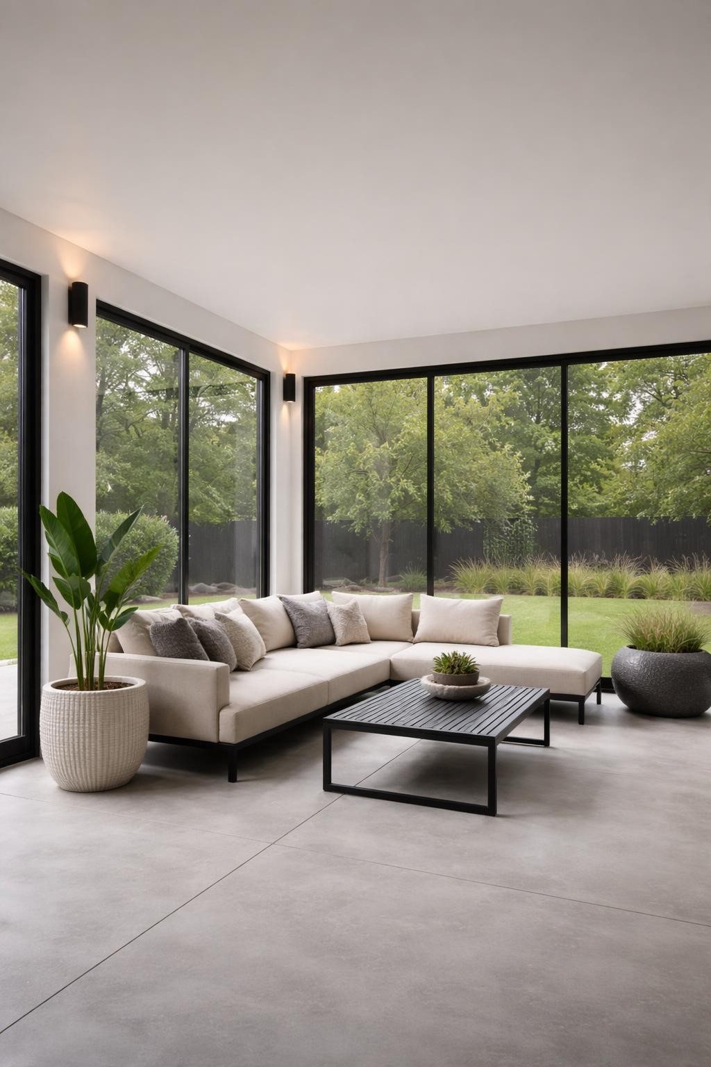 Image Prompt: A modern screened in patio with sleek black screen frames, concrete floor, low-profile outdoor sectional with beige cushions, black metal coffee table, sculptural planters, clean white ceiling, simple wall lights, minimal backyard view, stylish contemporary outdoor room, no people, realistic DSLR photo, no text, no watermarks on images.