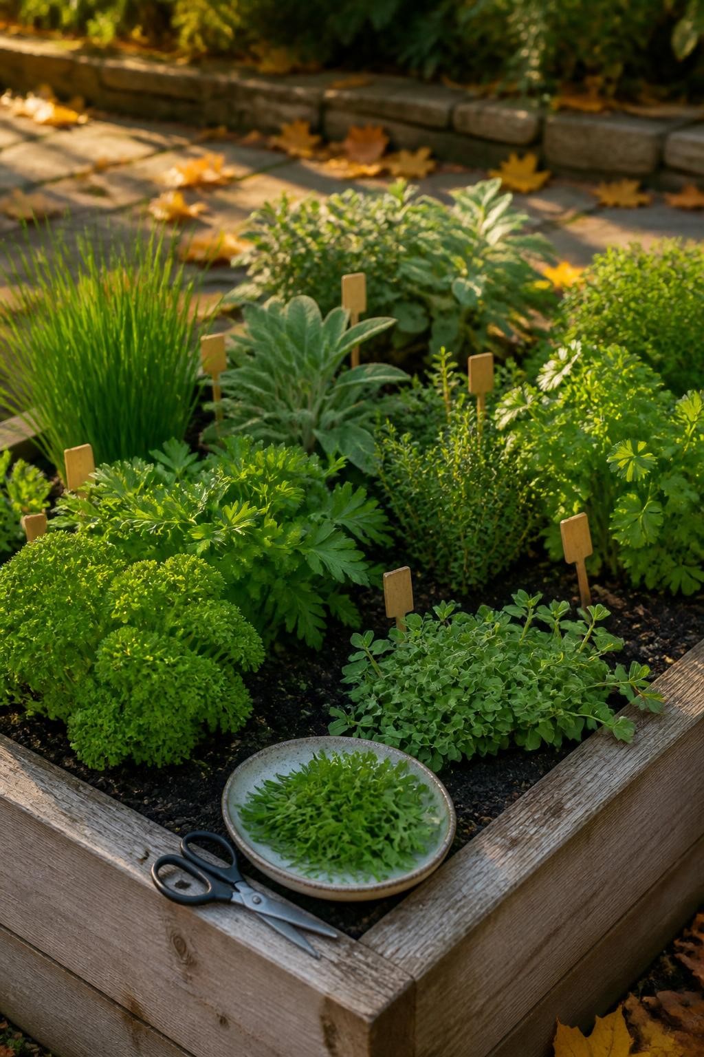 Image Prompt: A realistic compact raised herb bed in fall planted with curly parsley, flat-leaf parsley, chives, thyme, sage, cilantro, and low-growing oregano arranged in practical sections, small wooden labels marking each herb, a pair of garden scissors and a shallow bowl of freshly cut herbs resting on the bed edge, dark well-drained soil, a few yellow leaves scattered nearby, warm late-afternoon sunlight, authentic kitchen garden setting, crisp detailed foliage, DSLR photography, 50mm lens, no text.