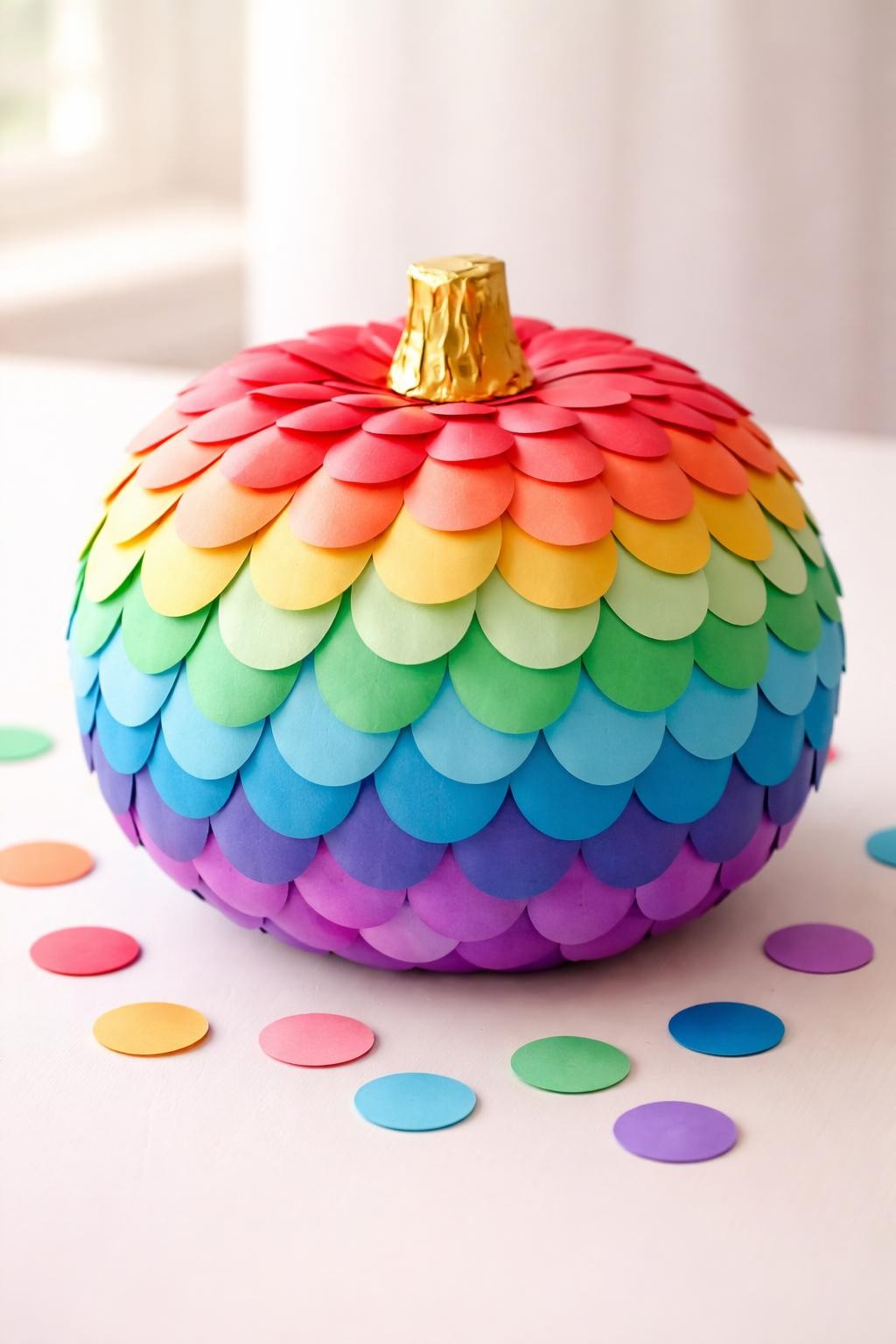 Image Prompt: A round pumpkin covered in neat overlapping rows of half-circle paper scales, colors moving from red and coral through yellow, green, turquoise, blue, and purple, scales following the pumpkin ridges, short gold paper-wrapped stem, displayed on a clean pale tabletop with circular paper cutouts nearby, bright soft daylight, realistic DSLR craft photography, crisp layered texture, no people, no text.