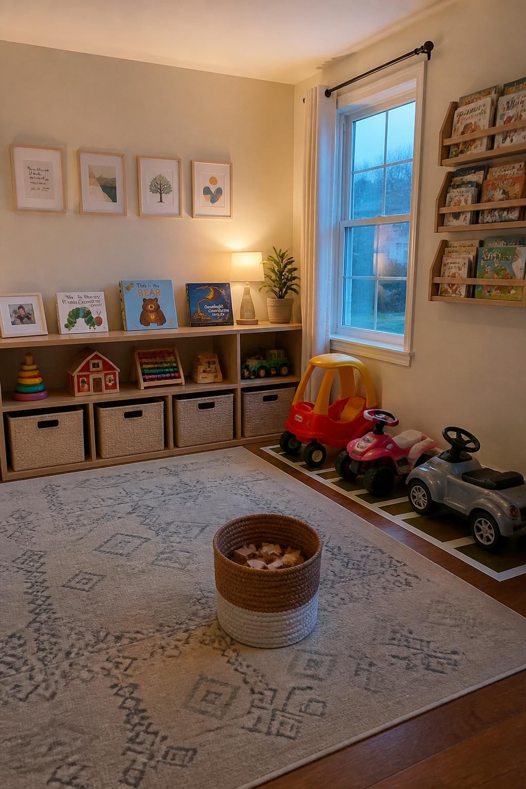 Image prompt: A tidy family playroom at the end of the day with low toy shelves neatly reset, building blocks inside a basket, books facing forward, ride-on toys in marked parking spots, one small cleanup basket in the centre, photographed with natural iPhone photo quality, gentle evening window light, believable lived-in home, calm but not showroom-perfect, no people, no logos, no watermarks on images.