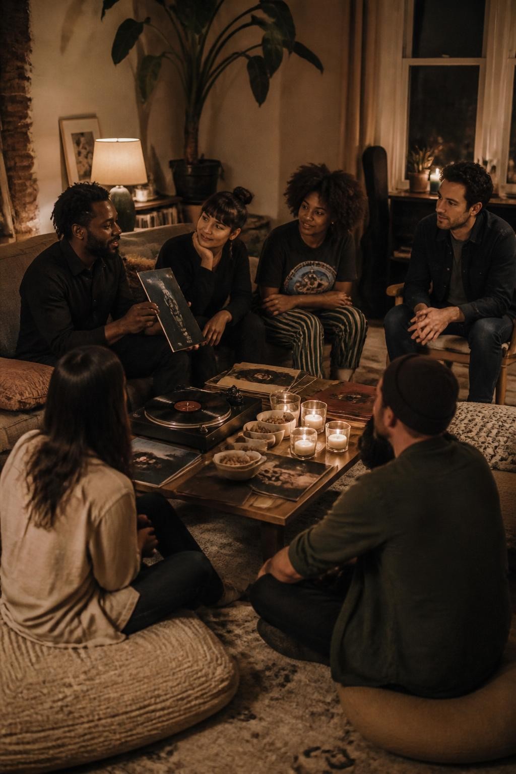 Image Prompt: An intimate living room listening party with six adults seated on a mix of sofas, floor cushions and wooden chairs, a turntable playing a vinyl record, album covers arranged beside small bowls of roasted nuts and dark chocolate, candles protected inside glass holders, low warm lighting, one Black man introducing a record while friends listen closely, textured blankets and slightly imperfect home décor, natural body language, realistic evening DSLR photography, no readable album titles, no text.