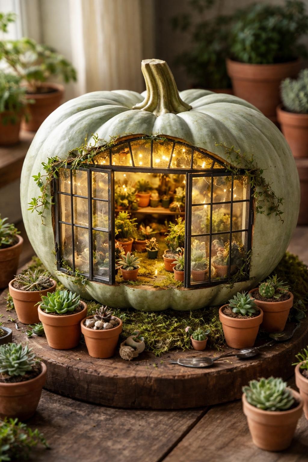 Image Prompt: A large pale green pumpkin transformed into a miniature glass greenhouse, front section divided into narrow windowpanes with clear acetate inserts and thin black frames, tiny potted succulents, trailing vines, miniature shelves, gardening tools, moss floor, warm interior lights, small terracotta pots arranged around the base, realistic handmade construction, botanical contest display, soft morning window light, high-detail DSLR photography, natural shadows, no people, no text.