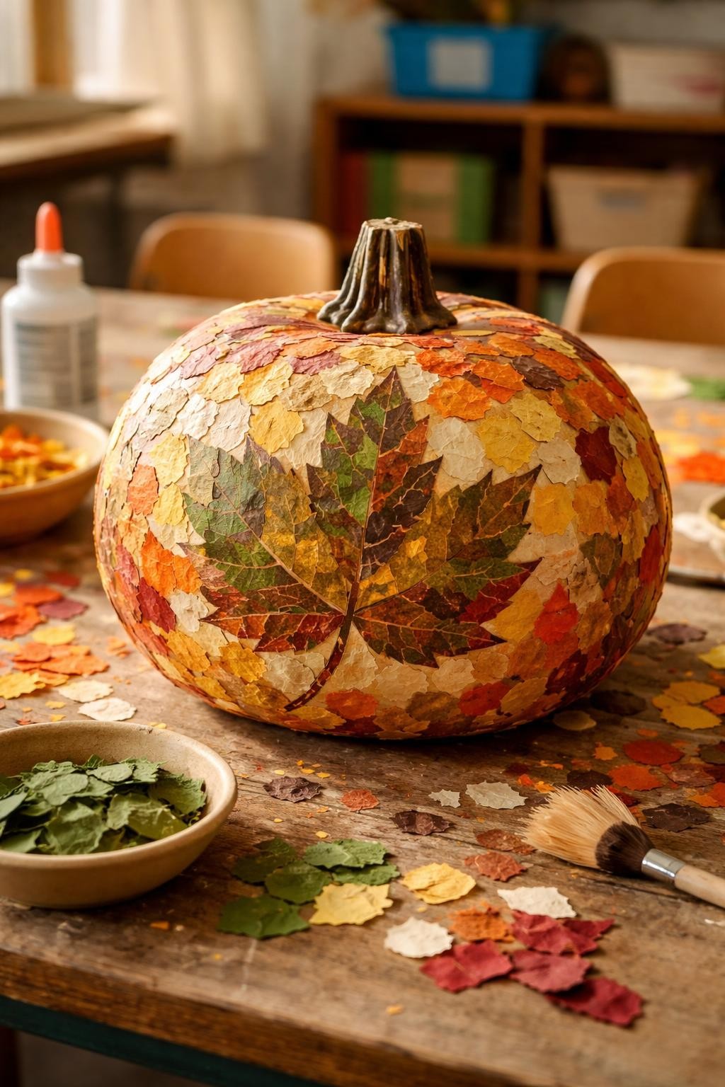 Image Prompt: A medium pumpkin decorated with a torn-paper mosaic pattern, small irregular pieces of orange, red, gold, brown, cream, and green paper fitted together with narrow gaps, simple leaf shape formed across the front, matte decoupage finish, rustic classroom table with sorted paper pieces, soft afternoon daylight, realistic DSLR craft photo, visible handmade edges, no people, no text.