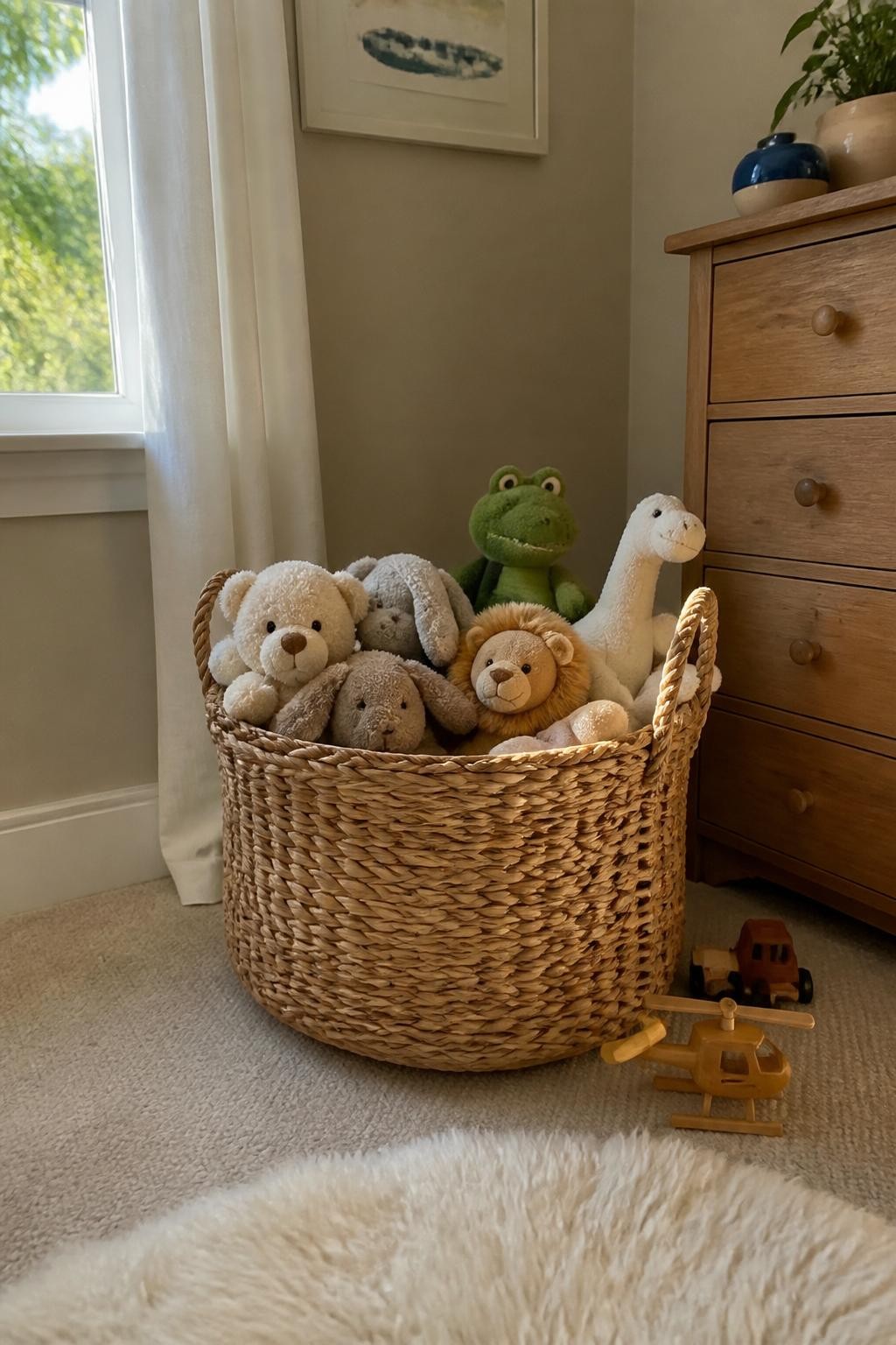 Image prompt: A child’s bedroom corner with a large soft woven floor basket holding a manageable collection of stuffed animals, several favourite toys still visible and easy to remove, photographed with natural iPhone photo quality, soft morning sunlight, realistic plush textures and slightly uneven shapes, warm lived-in bedroom, no child present, no logos, no watermarks on images.