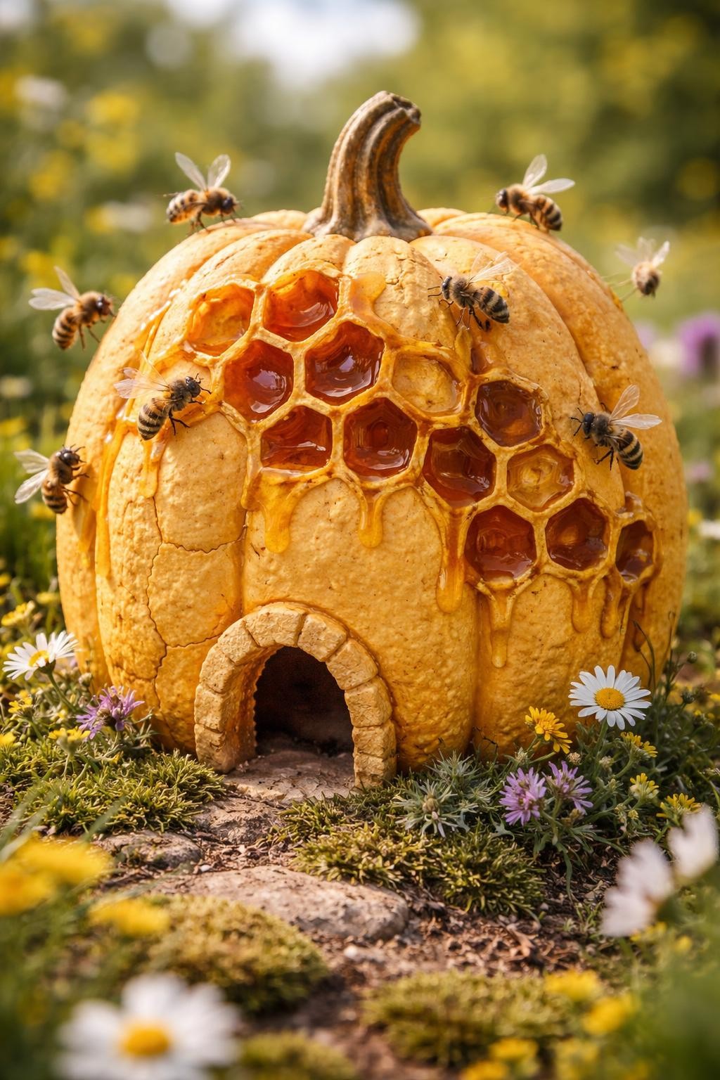 Image Prompt: A warm golden-yellow foam pumpkin transformed into a whimsical beehive, raised hexagonal honeycomb panels wrapping around the surface, amber translucent honey dripping from several cells, tiny handmade bees with striped fuzzy bodies and clear wings, small arched hive entrance near the bottom, wildflowers and moss around the base, soft countryside styling, bright natural daylight, realistic DSLR photography, detailed dimensional texture, no people, no text.
