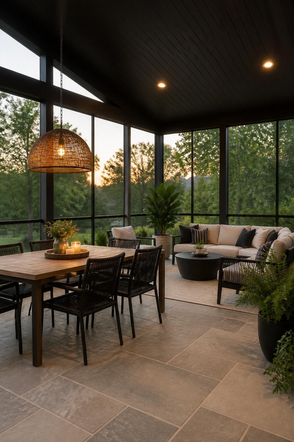 Image Prompt: A spacious screened in patio with two clear zones, outdoor dining table on one side and cushioned lounge seating on the other, black screen frames, stone tile floor, potted plants, pendant light over dining table, warm evening glow, polished multi-use outdoor room, no people, realistic DSLR editorial photo, high detail, no text, no watermarks on images.