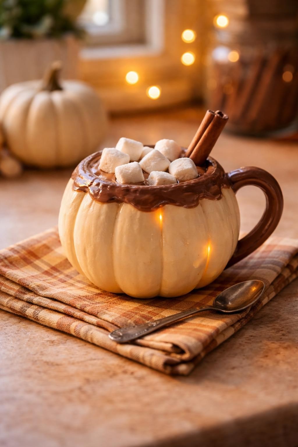 Image Prompt: A small cream fake pumpkin transformed into a cozy hot cocoa mug, curved handle attached to one side, painted brown cocoa surface around the top, white marshmallows made from foam cubes, cinnamon stick, warm light glowing gently from inside, plaid napkin and tiny spoon beside it, cozy kitchen tabletop, soft morning light, realistic DSLR craft photography, no people, no text.