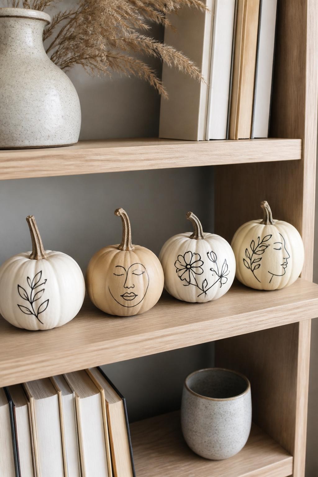 Horizontal 16:9 natural iPhone photograph of four matte white and beige real mini pumpkins decorated with simple black continuous line drawings of leaves, flowers, and abstract faces, thin slightly uneven hand-painted lines, natural stems, displayed on a modern light wood shelf beside neutral books, a small stoneware vase, and dried grasses, diffused morning light, calm minimalist apartment, realistic paint texture, no studio setup, no text.