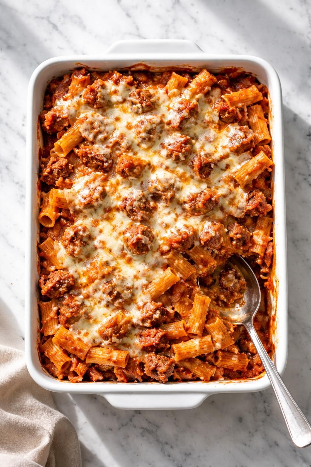Prompt: Top-down realistic editorial food photography of leftover meatloaf pasta bake in a white ceramic baking dish on a clean white and gray marble countertop, pasta mixed with tomato sauce, chopped meatloaf, and melted mozzarella cheese, golden bubbly top with a portion scooped out, warm homemade dinner mood, bright natural window lighting, soft shadows, clean composition, high detail, realistic food texture, no people, no hands, no text, no watermarks, no props with writing.