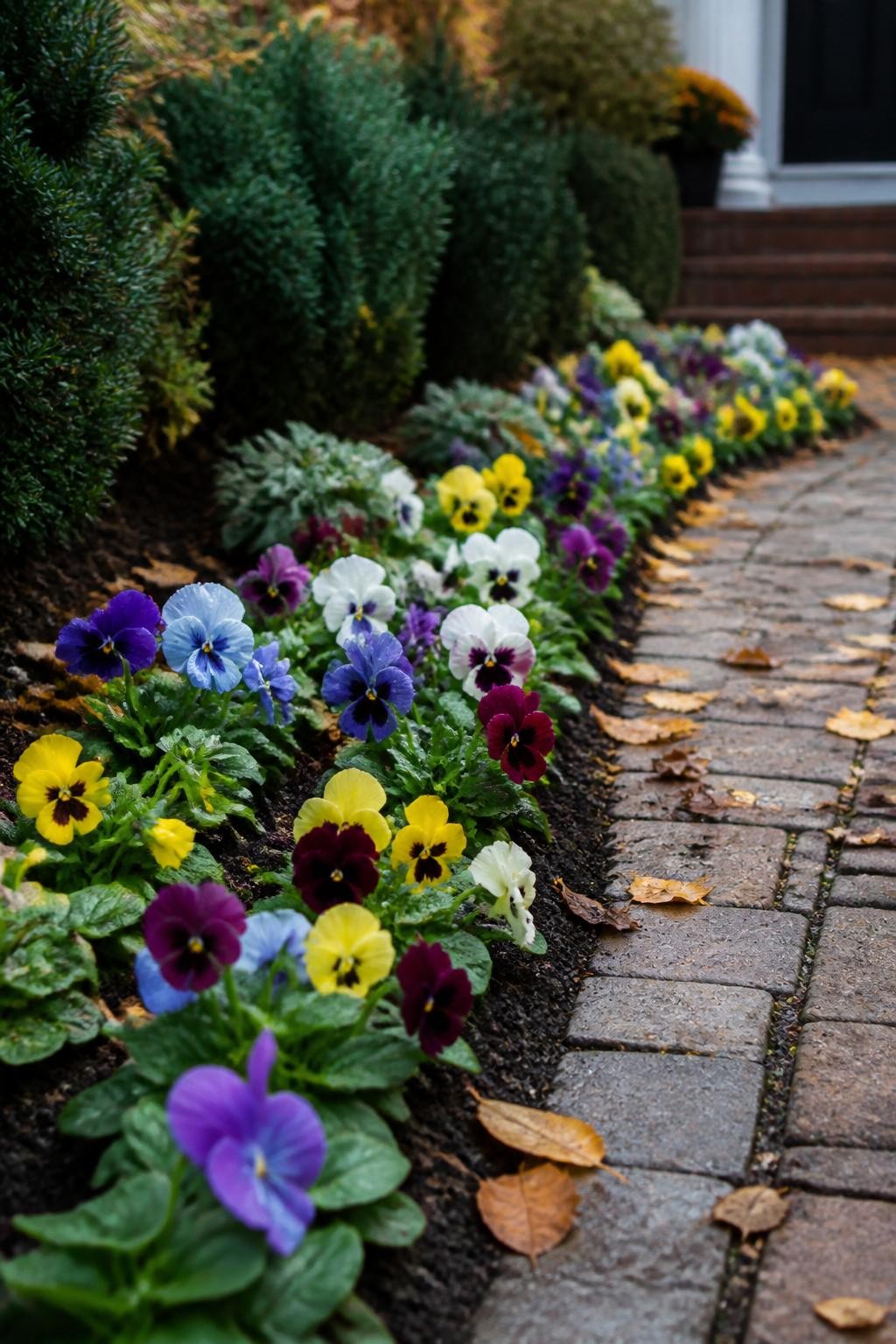Image Prompt: A realistic front walkway edged with compact pansies in purple, yellow, white, burgundy, and blue, planted in a gently curving border beneath small evergreen shrubs, rich dark soil with fine mulch, a few rain droplets on the petals, scattered amber leaves resting naturally between plants, soft overcast autumn morning light, inviting residential entrance, realistic flower sizes and irregular spacing, DSLR photography, 50mm lens, shallow depth of field, no text.