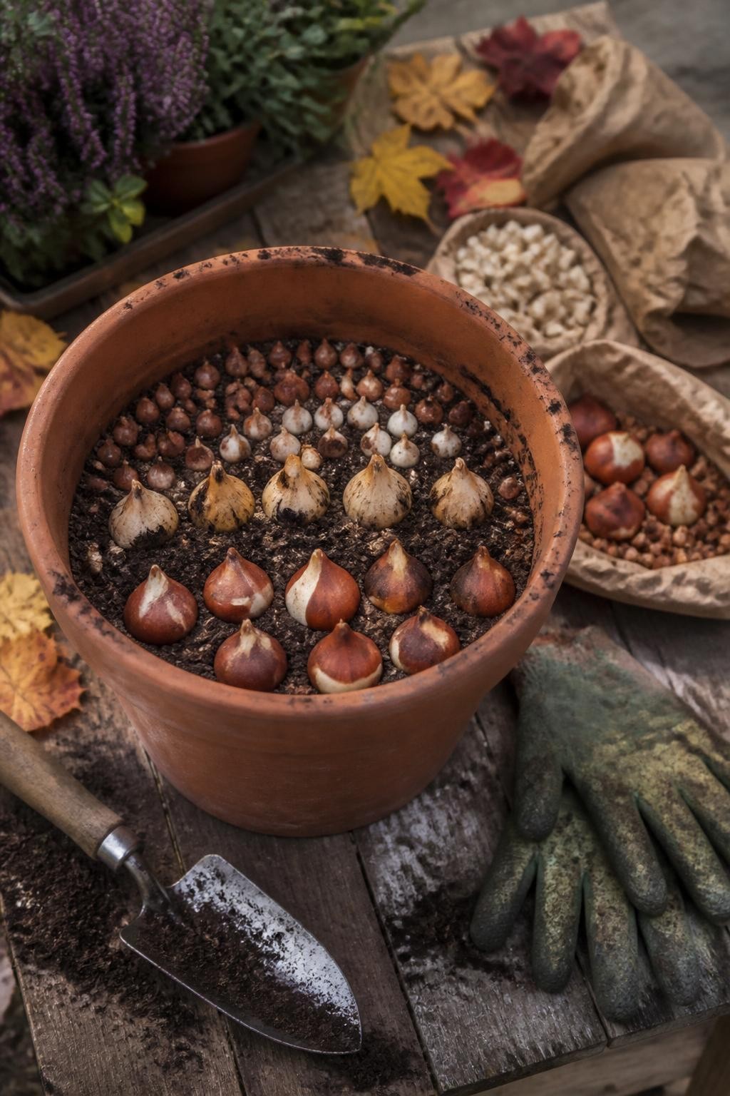 Image Prompt: A realistic fall bulb-planting scene showing a large frost-resistant terracotta pot being filled in layers, with tulip bulbs placed near the bottom, daffodil bulbs in the middle, and small crocus and grape hyacinth bulbs near the top, loose potting mix, soil-stained gardening gloves, a metal hand trowel, and simple paper bulb packets nearby, wooden potting bench covered with a few autumn leaves, soft natural daylight, accurate bulb size and spacing, editorial DSLR photography, 45-degree overhead angle, highly detailed, no text.