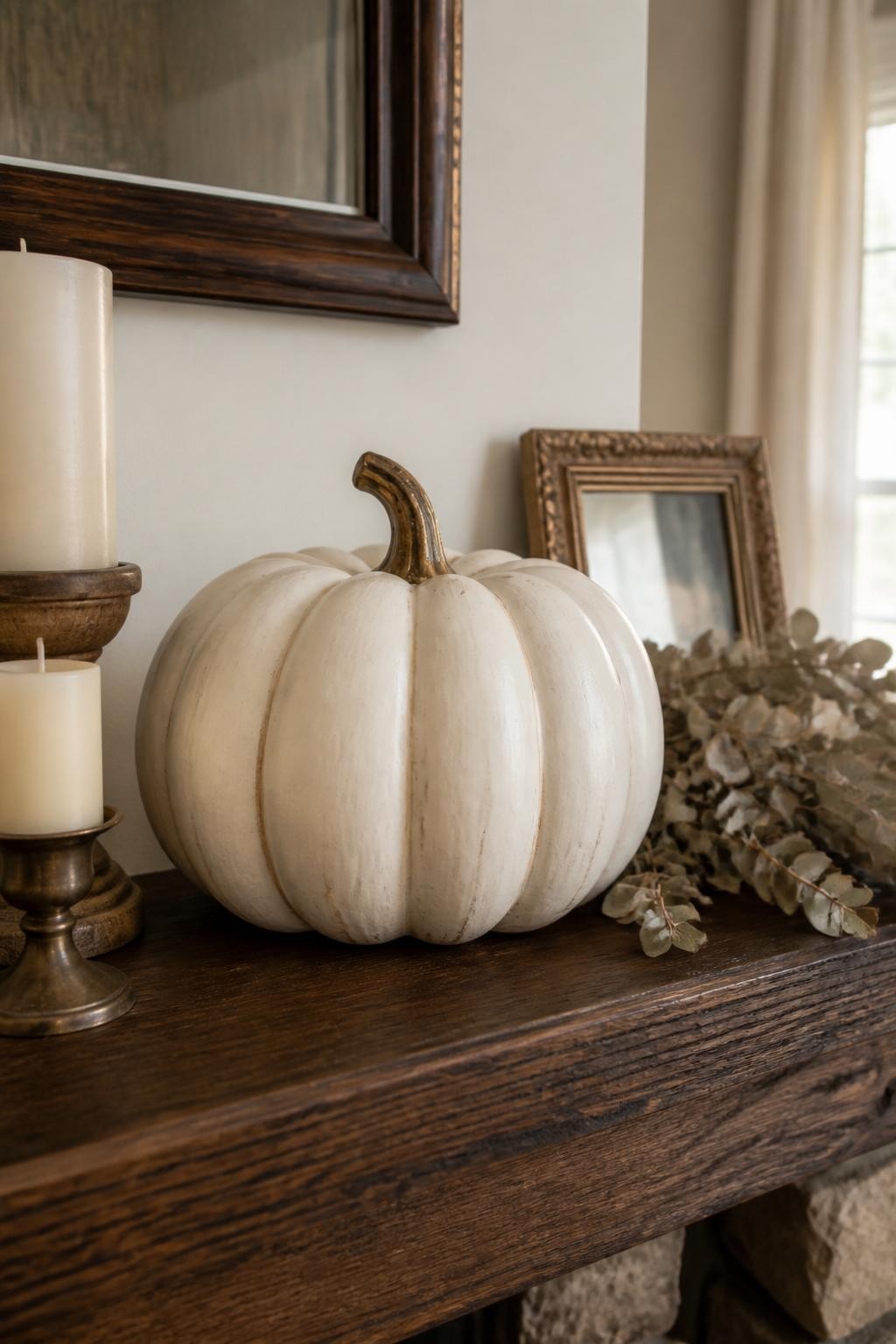 Horizontal 16:9 casual iPhone photograph of a medium ceramic pumpkin painted warm antique white with faint beige shading settled into the ridges, lightly distressed edges, a muted bronze stem, displayed on a dark wooden mantel beside cream candles, dried eucalyptus, and a small vintage frame, soft afternoon window light, realistic handmade paint texture, subtle imperfections, lived-in fall home, no studio lighting, no text.